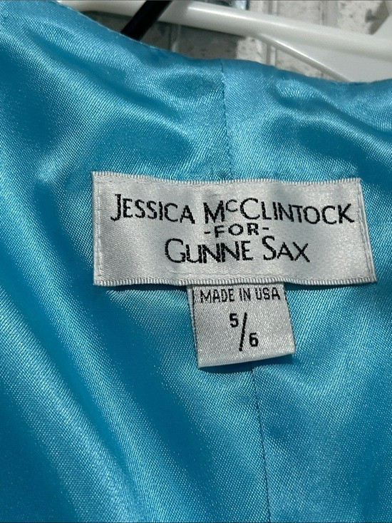 Vintage Jessica McClintock for Gunne Sax Strapless Aqua Iridescent Maxi Gown 5/6