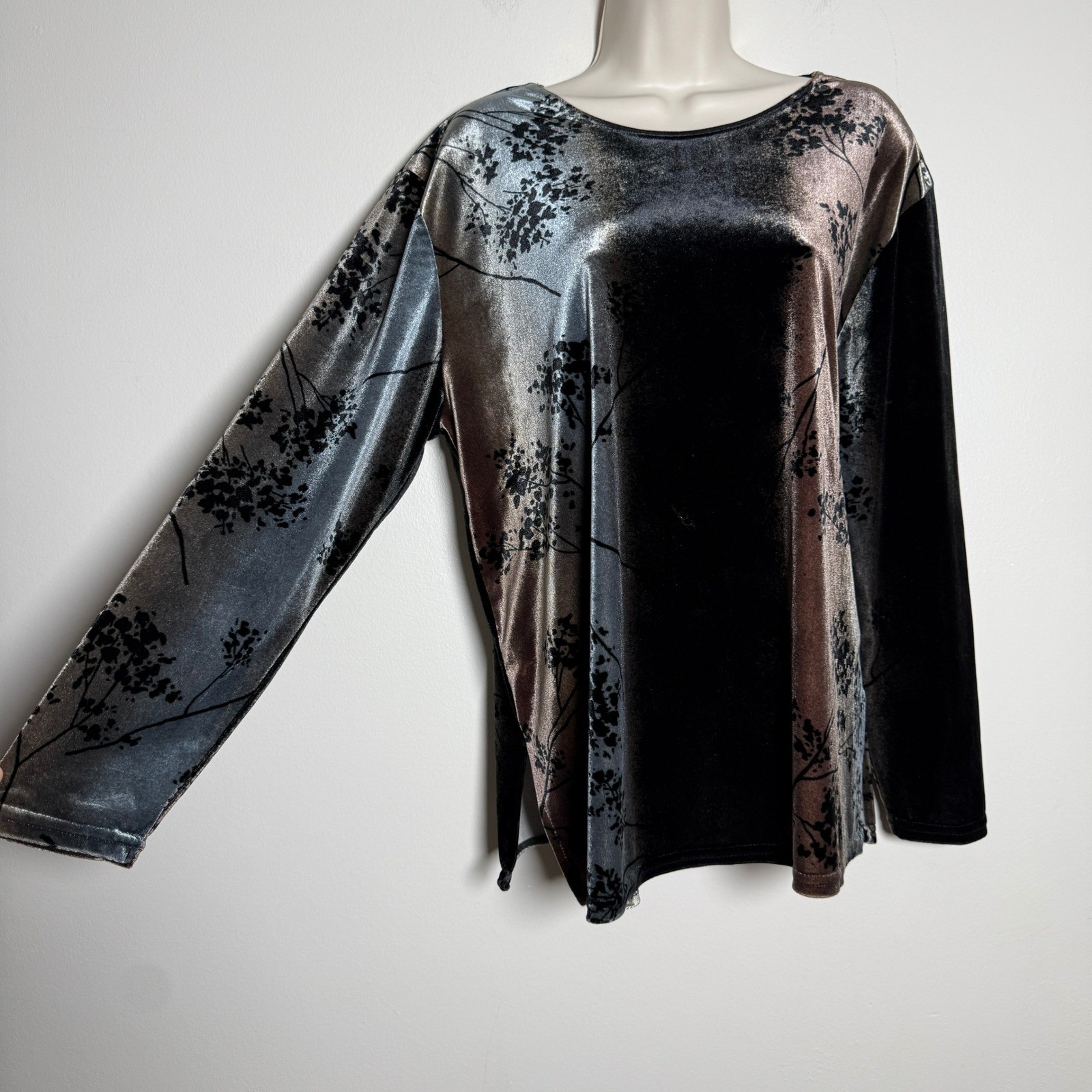 Maine USA Womens VTG Velvet Floral Ombre Top XL Silver Black Copper Whimsigoth