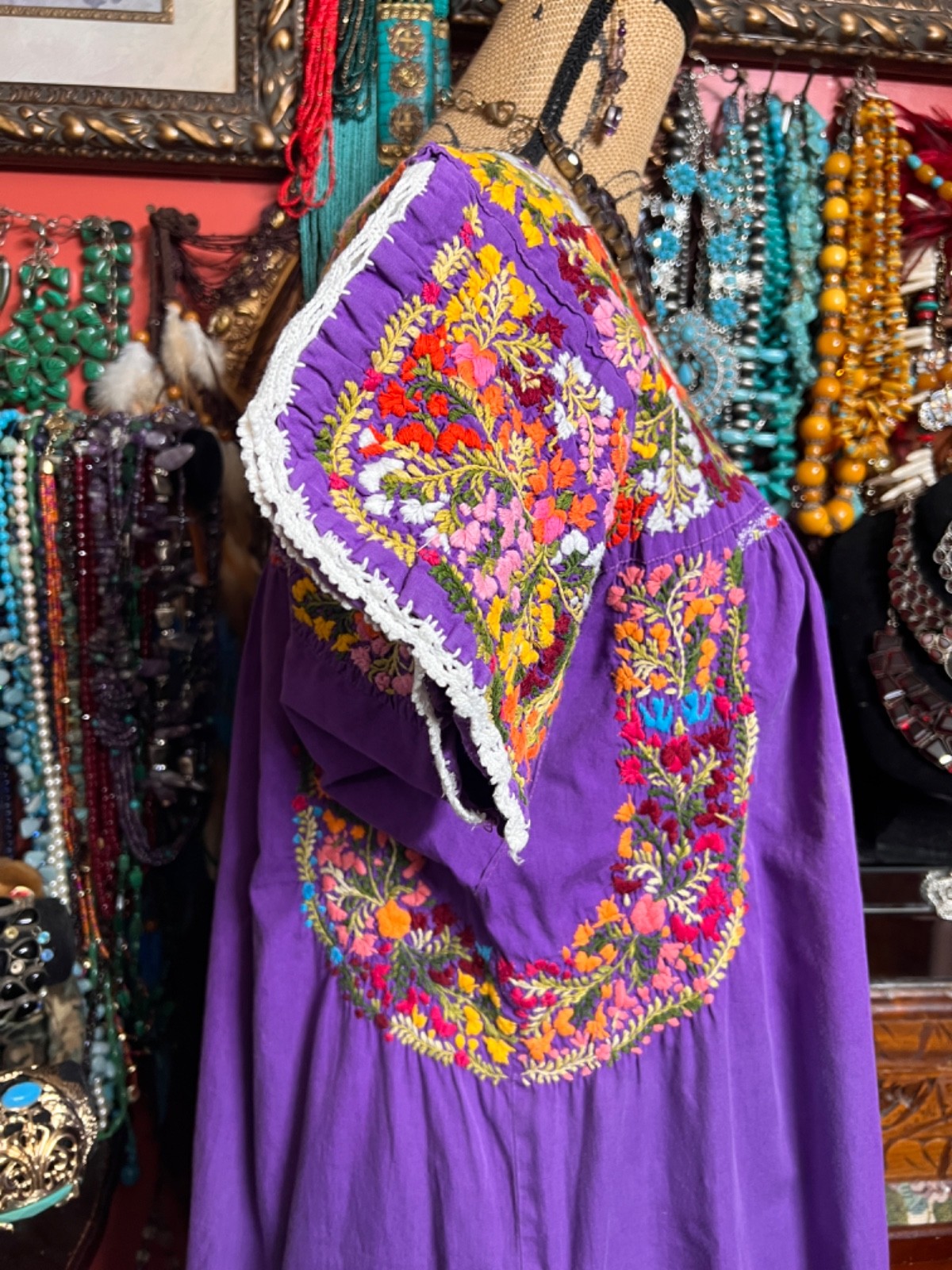 Beautiful Purple Mexico Oaxaca Multi Color Cotton Embroidery White Crochet L/XL