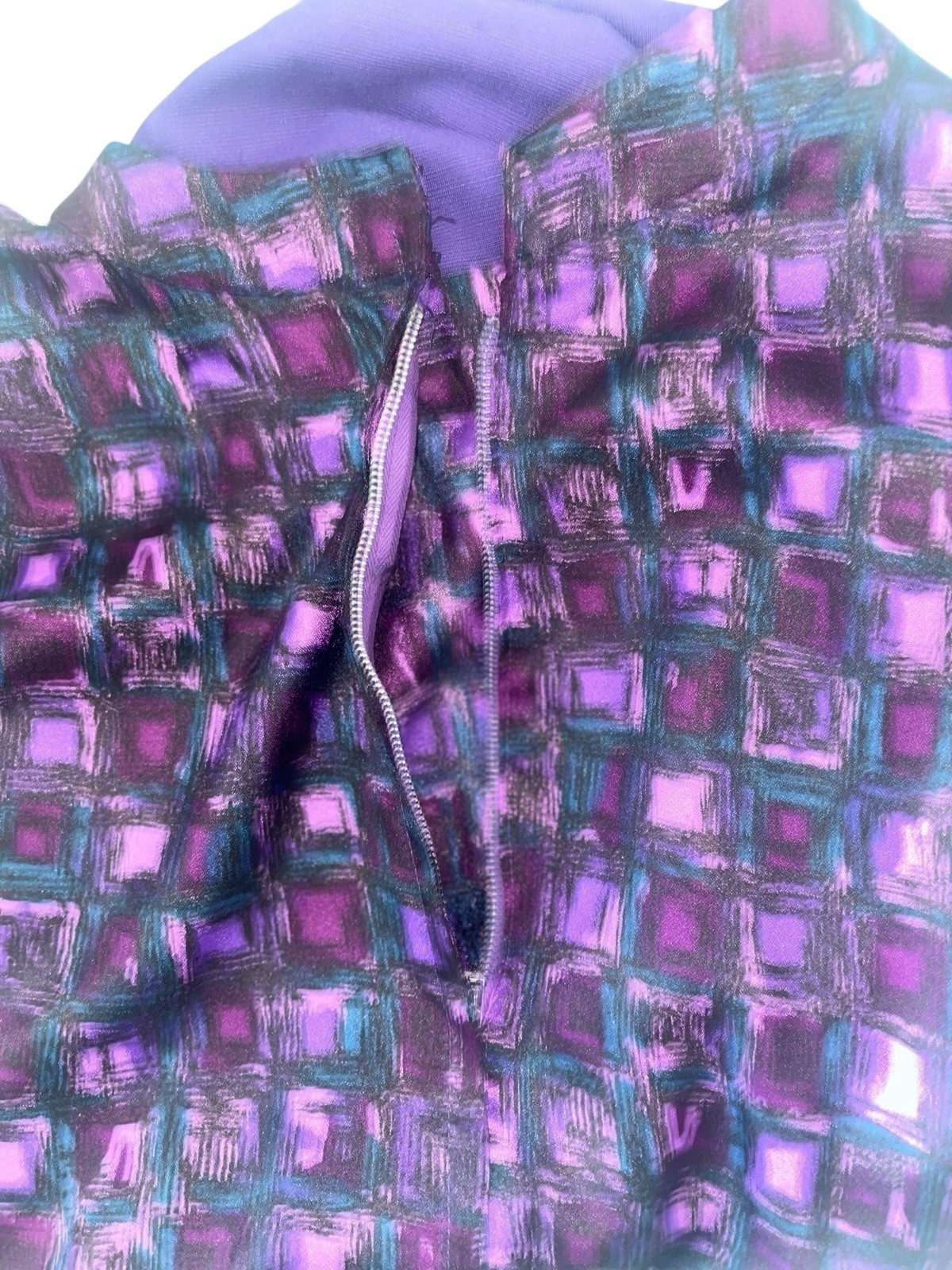 Vtg 50s Atomic Print Dress L Purple Cap Sleeve Silk Solid Skirt Belt Pencil Rare