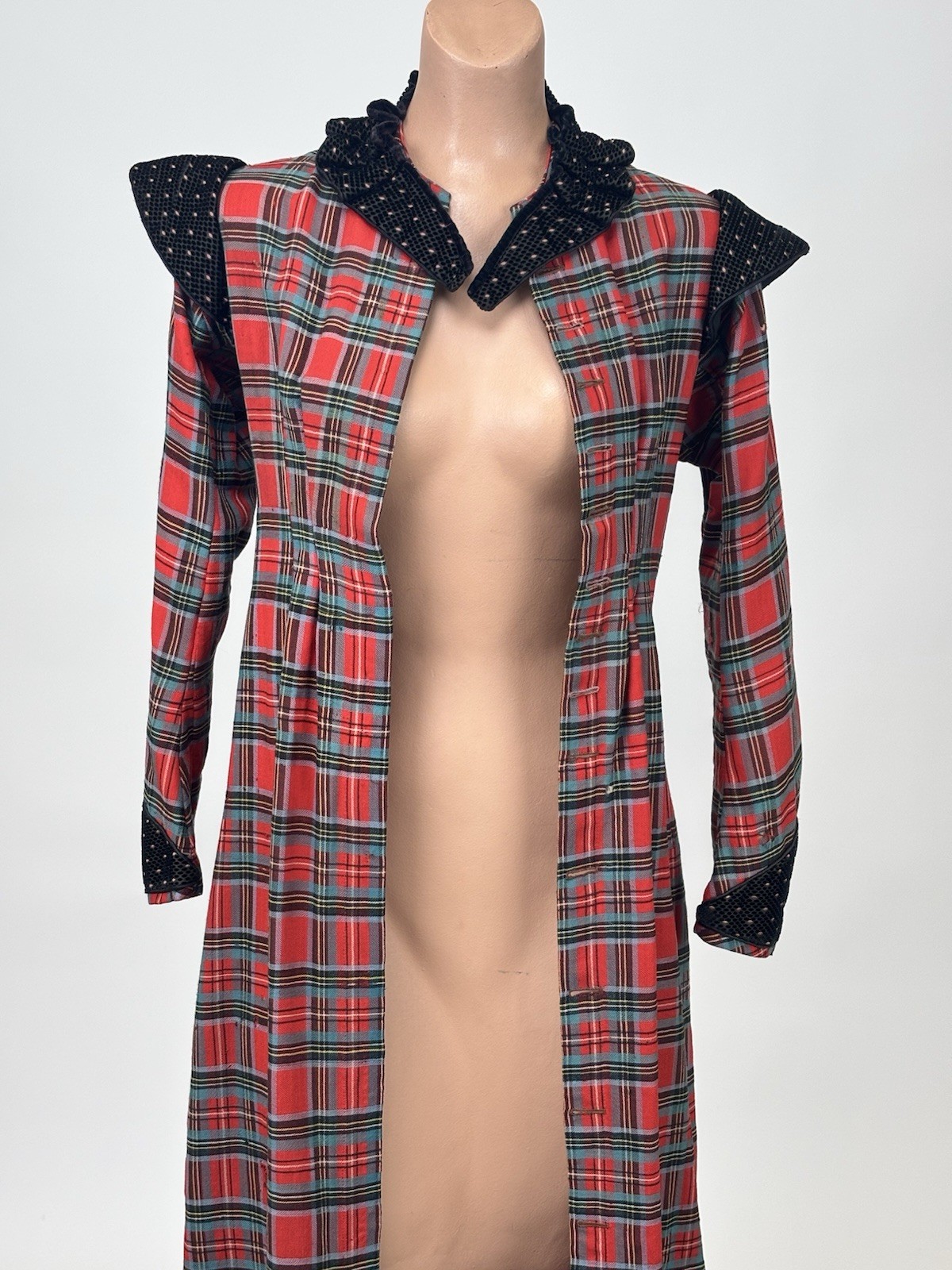 Antique Victorian Walking Coat Plaid Red Green Black Yellow Burnout Velvet AS IS