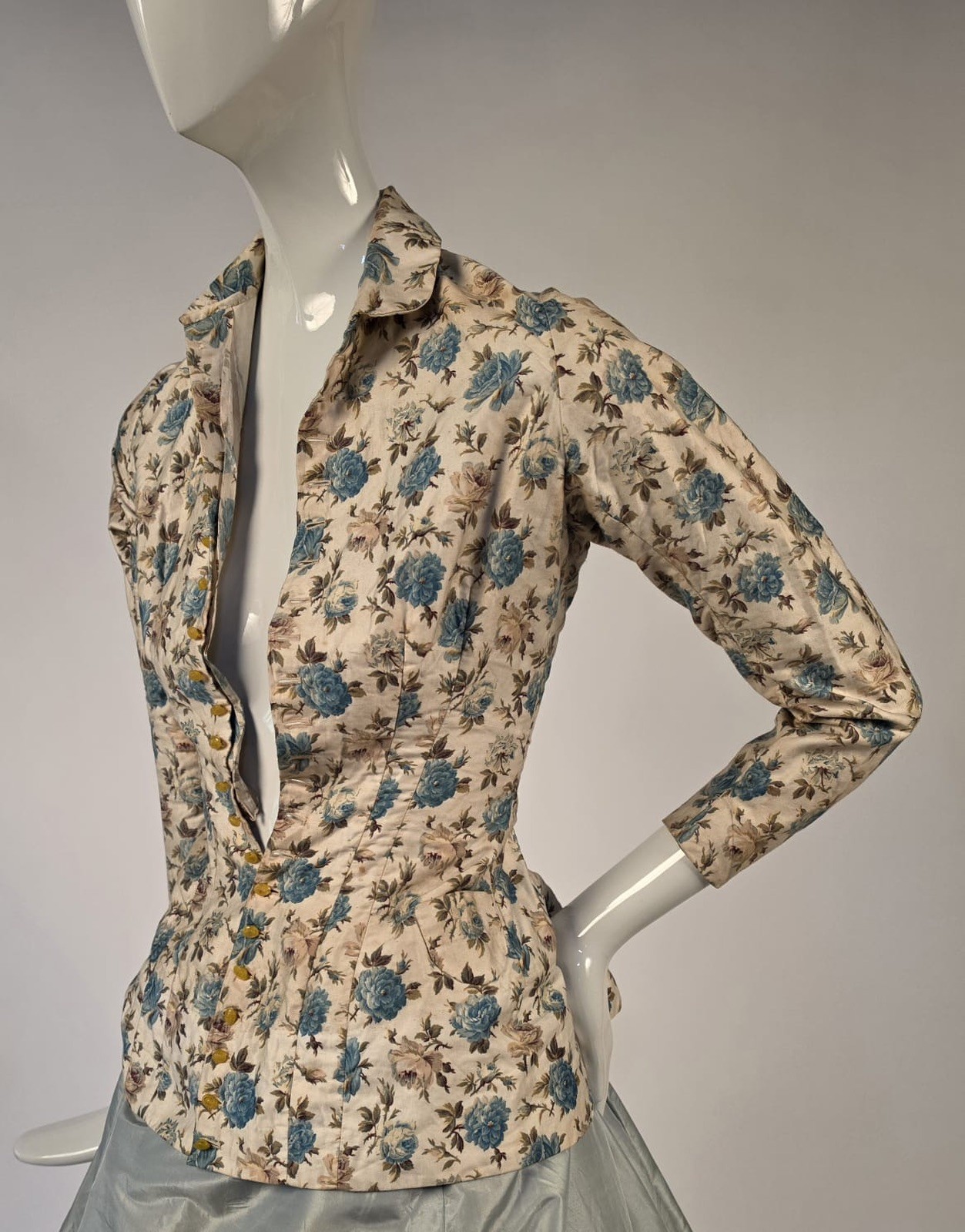 THE ULTIMATE VICTORIAN 1880’S PINK + BLUE ROSE PRINT BUSTLE JACKET XXS SIZE