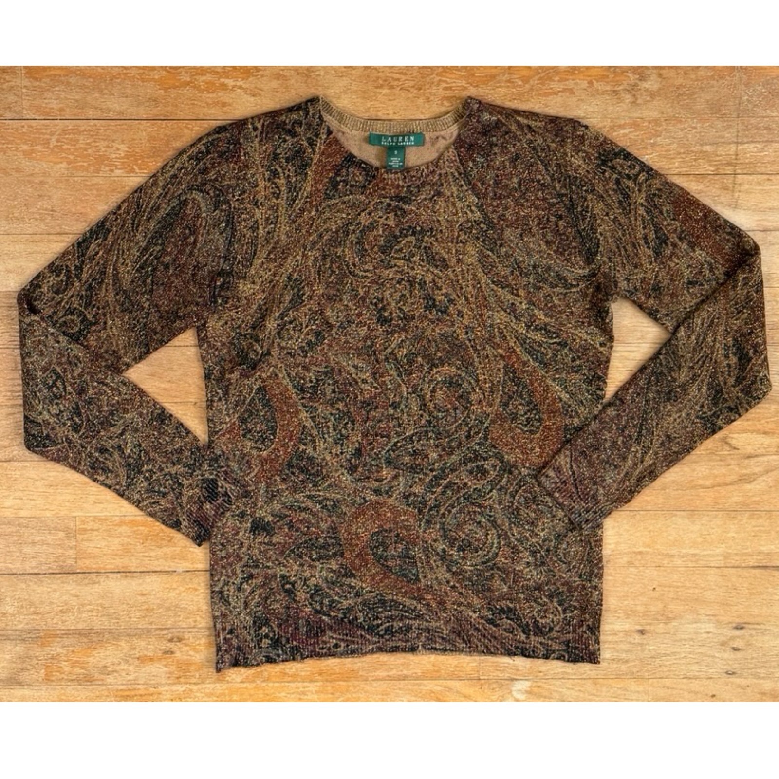 Vintage Silk & Cashmere Sweater Top Size Small Metallic Paisley Ralph Lauren