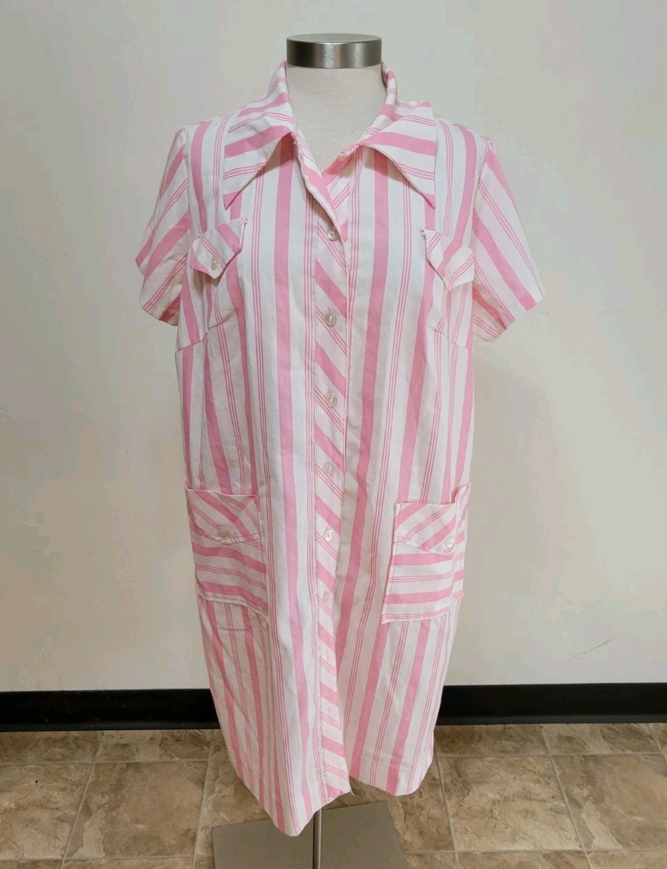 Vintage Pink White Striped Shirt Dress Sz 20.5 (Runs Small) Button Front