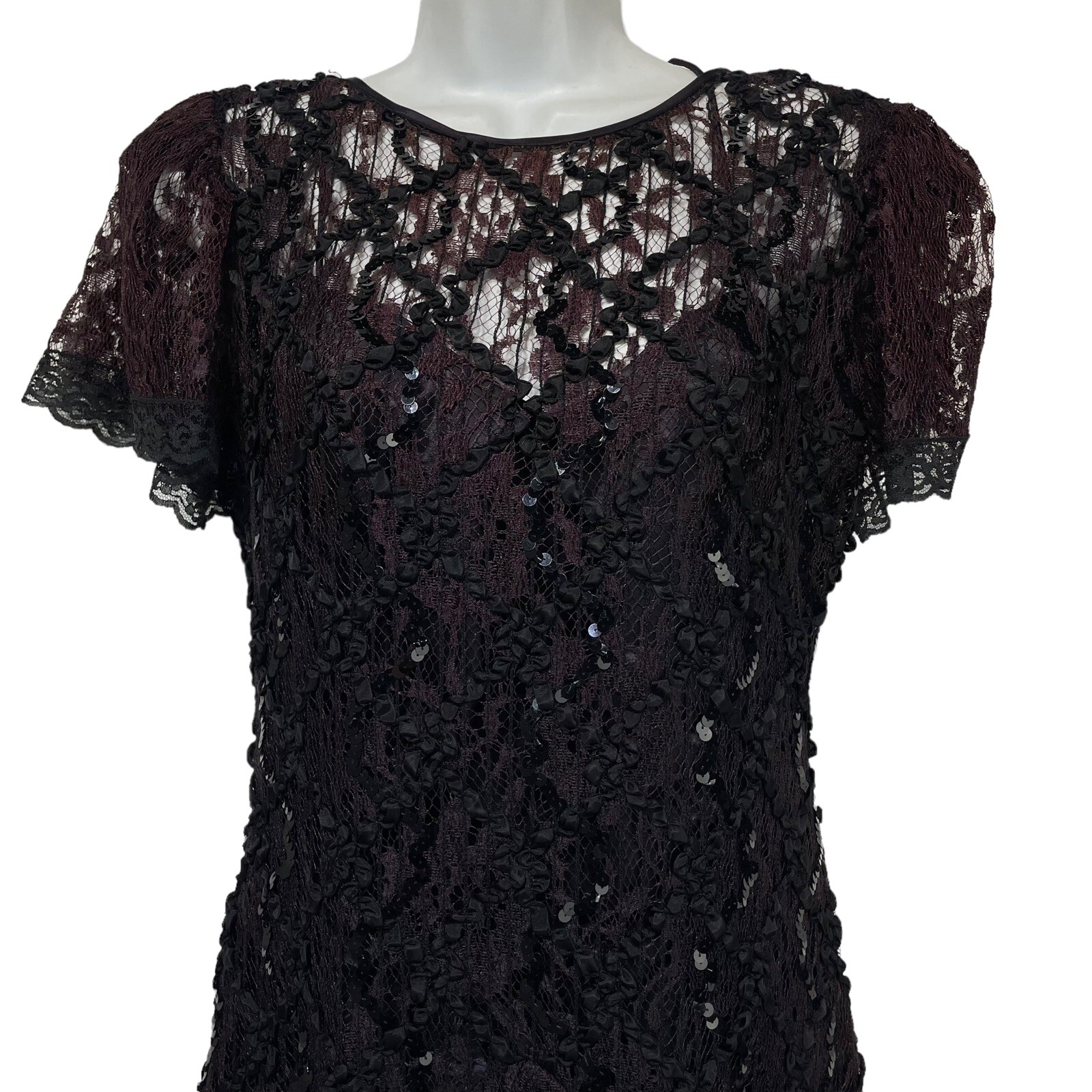 Vintage 80s Shuet Young Black Red Lace Sequin Gothic Dark Dress Size 6