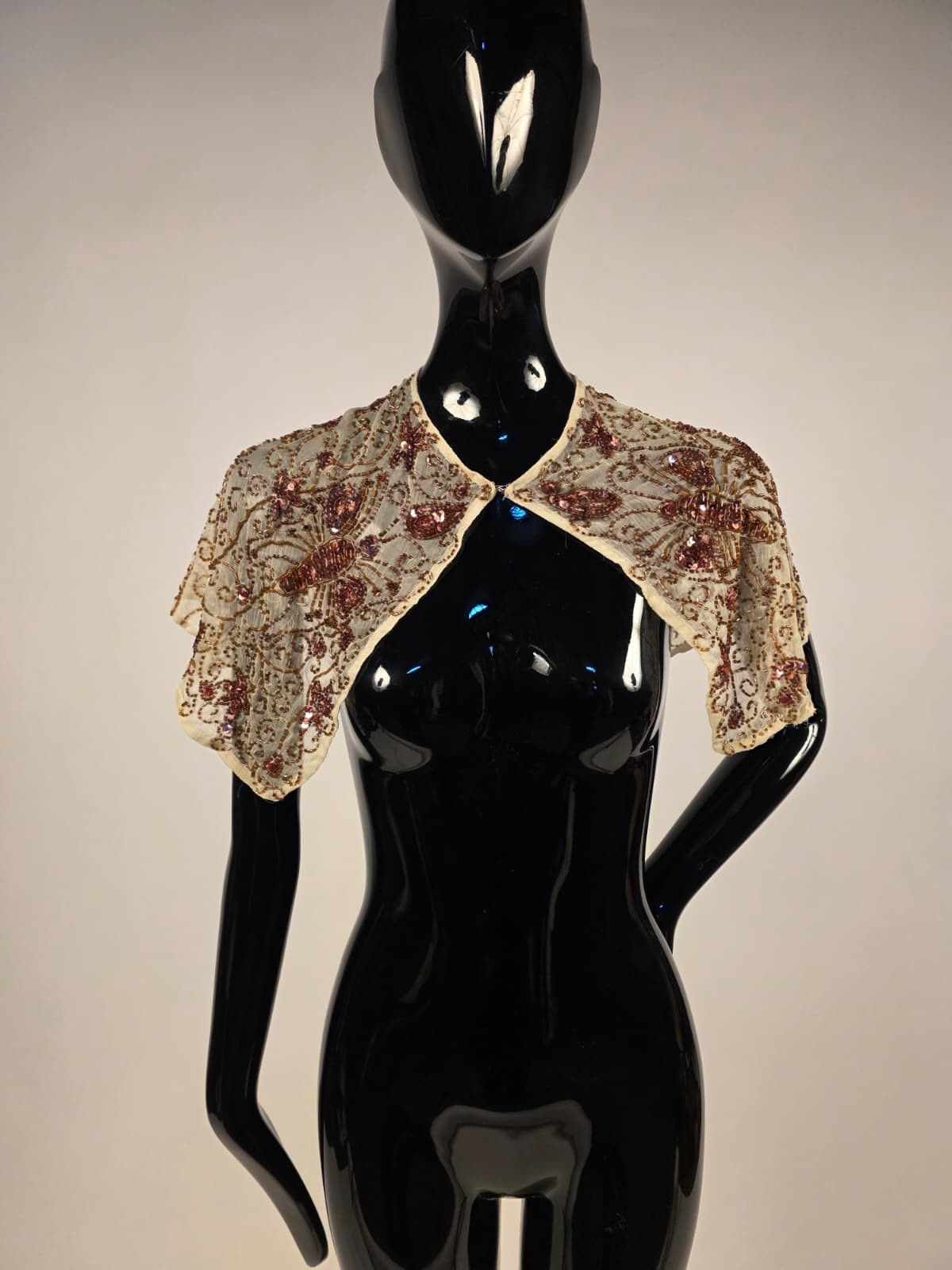 FLAPPER 1920’S GOLD BEAD + SEQUIN SILK CHIFFON CAPE FOR DRESS W BUTTERFLY