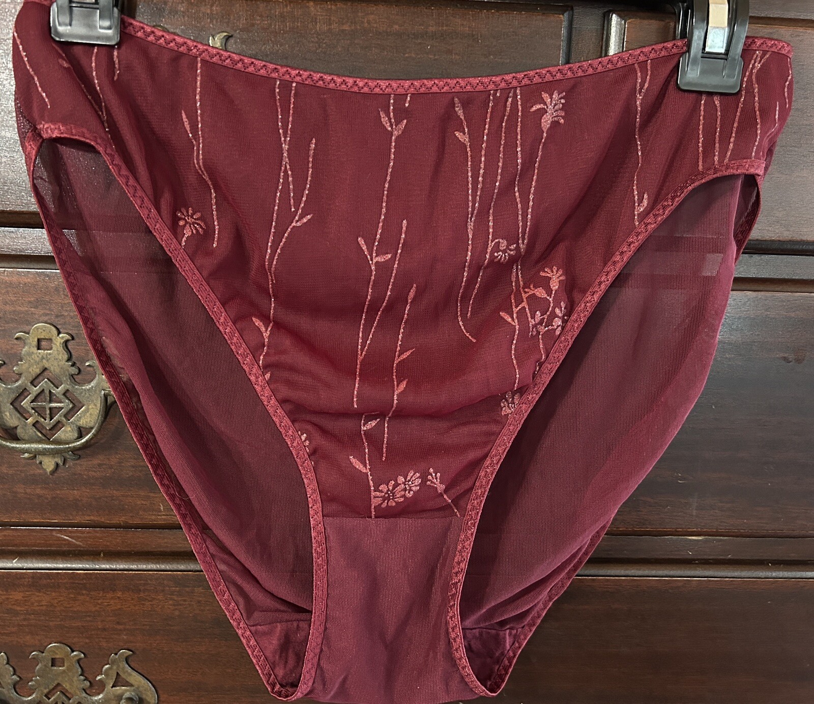 Vtg Unbranded Embellished Satin Lined Front Sheer Mesh Back Hi-Leg 9 Panties