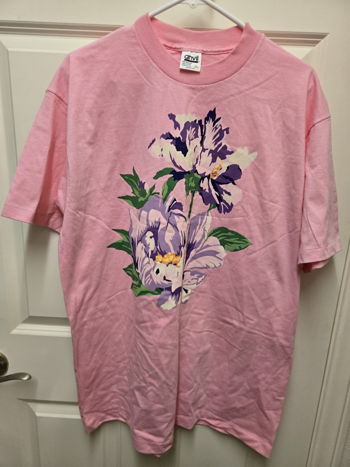 Vintage 1980s Anvil Floral Print Pink Women Shirt XL Excellent