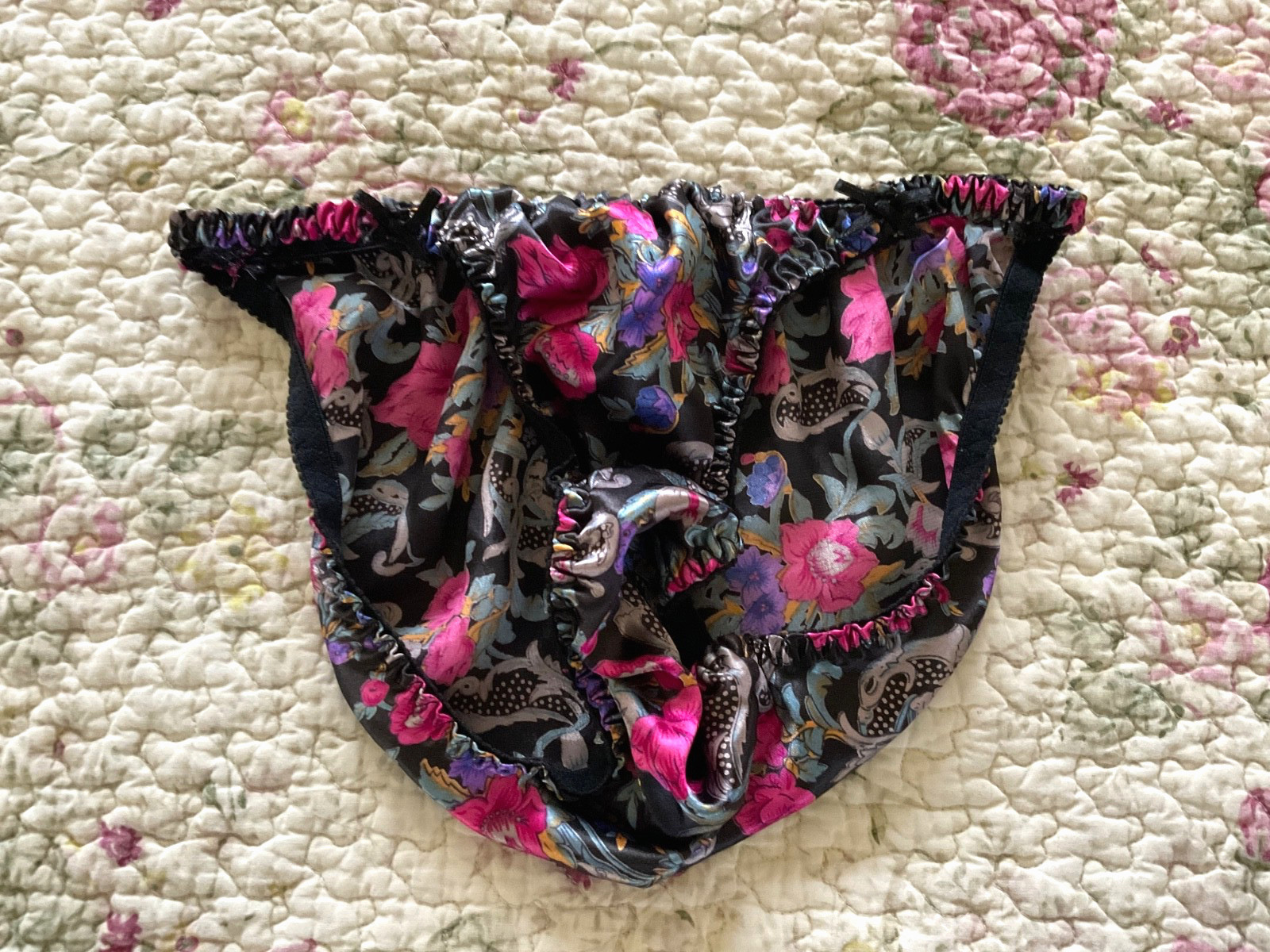 Shiny Vintage PANTIES Rose SATIN String Bikini BRIEF Silky BOW Floral Print S/5