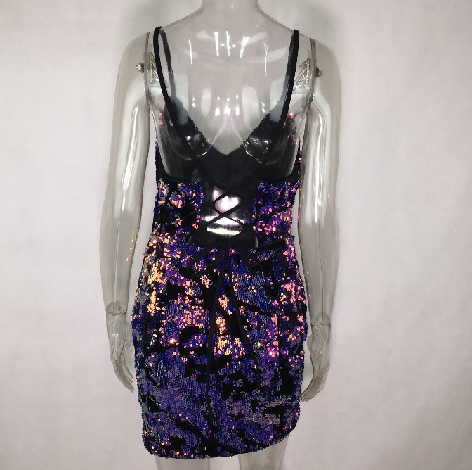 Women V-Neck Lace UP Sexy Backless Spaghetti Strap Sequin Club Party Mini Dress