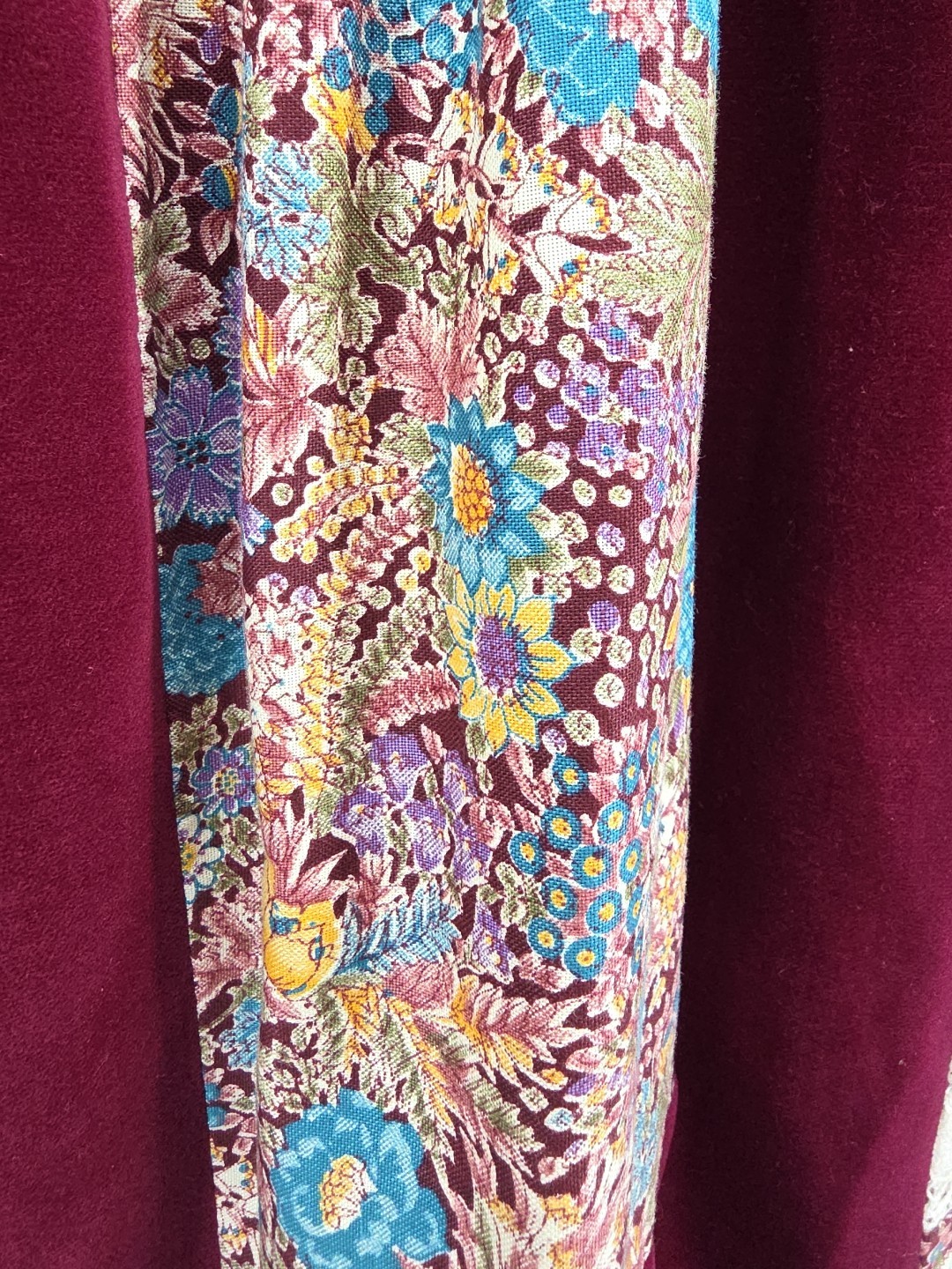 70s Floral Lace Patchwork Maroon White Long Skirt Cotton Blend Mr. Hank Sz L EUC