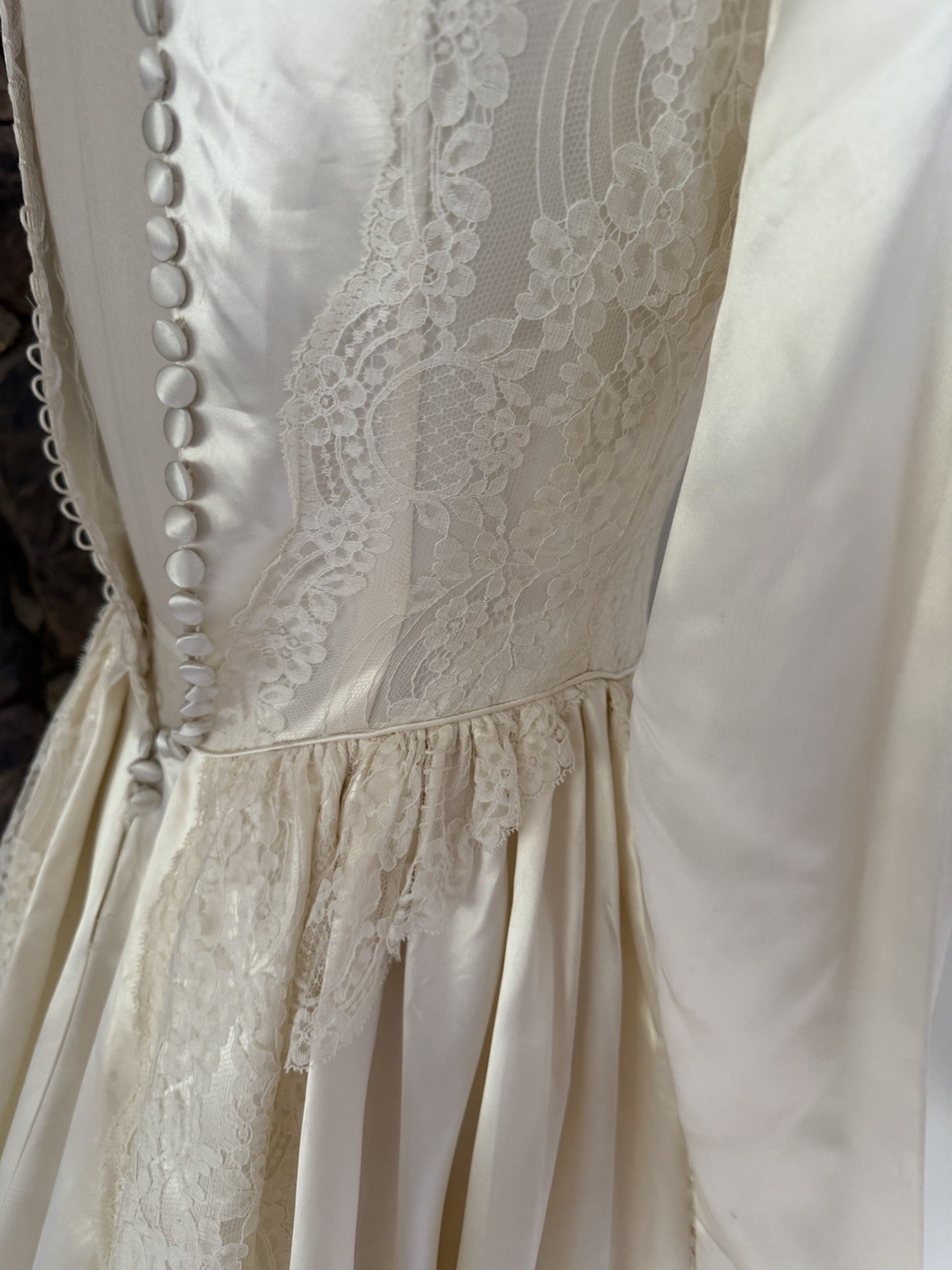 Vintage 1940s Wedding Dress, Liquid Satin,Ivory, Long Dramatic Train, Lace