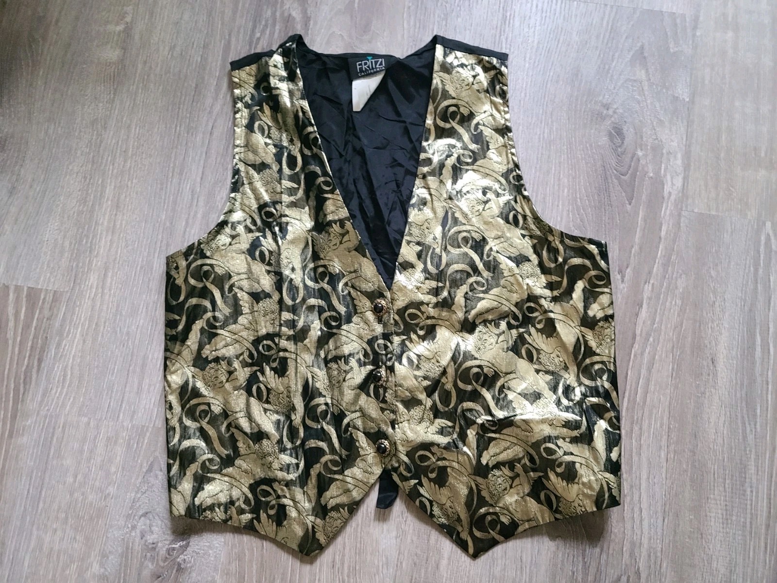 VTG Fritzi California Womens M Gold Metallic Vest Cherub Angel Ribbons Button Up
