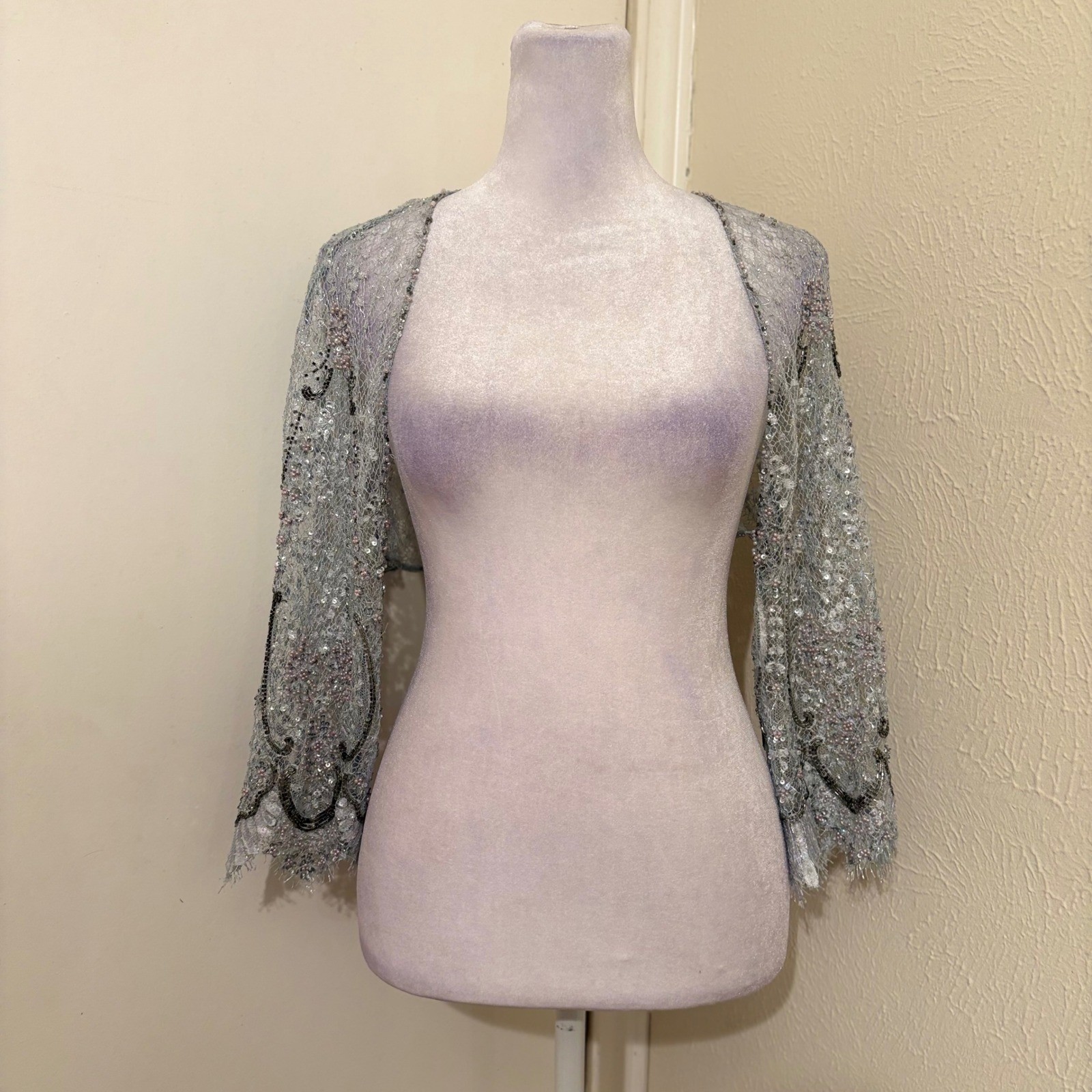 Vintage 70s Light Blue Beaded Sequin Lace Bolero Shrug Art Deco Fairycore Sz 10