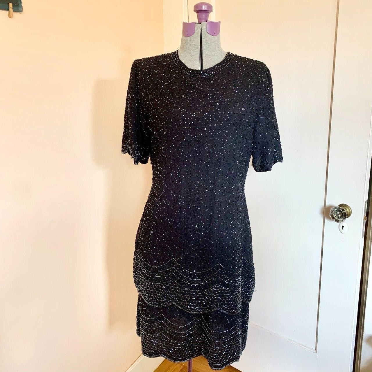 Life & Style New York Black Silk Beaded Sequin Dress Scalloped Hem Vintage M