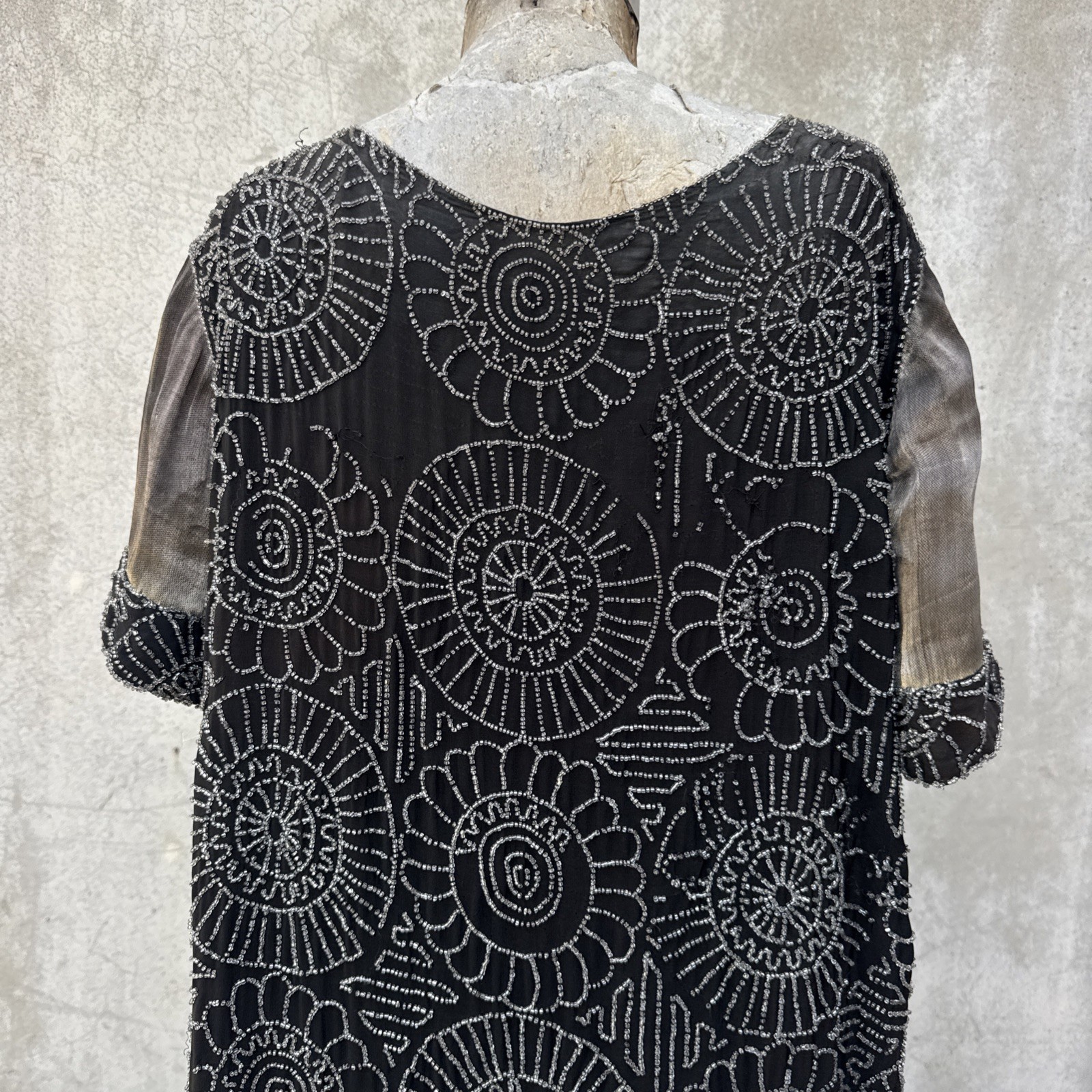 Antique 1920s Completely Beaded Flower Gown Silver Lamé Full Length Dress VTG