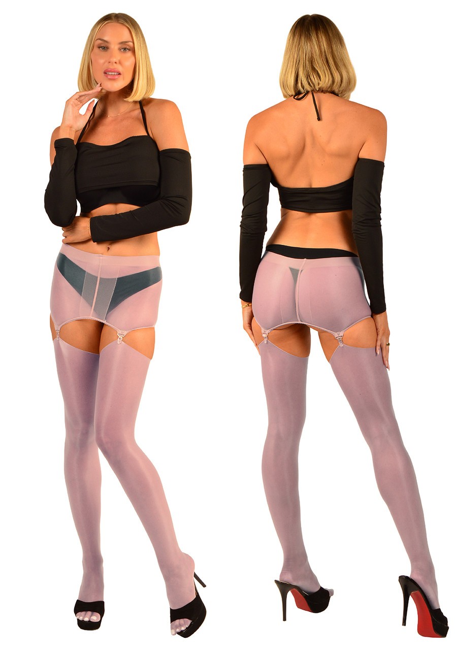 Rochelle – Oil Shine Nylon Garter & Roll Top Stockings with Garter Clips