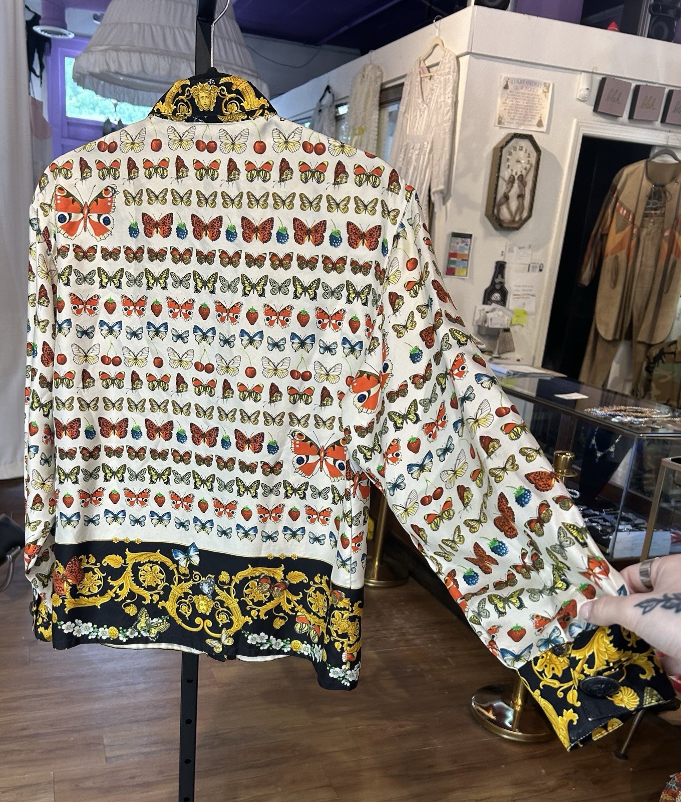 Vintage 1990s Gianni Versace Silk Blouse w/ Baroque Butterfly Fruit Print