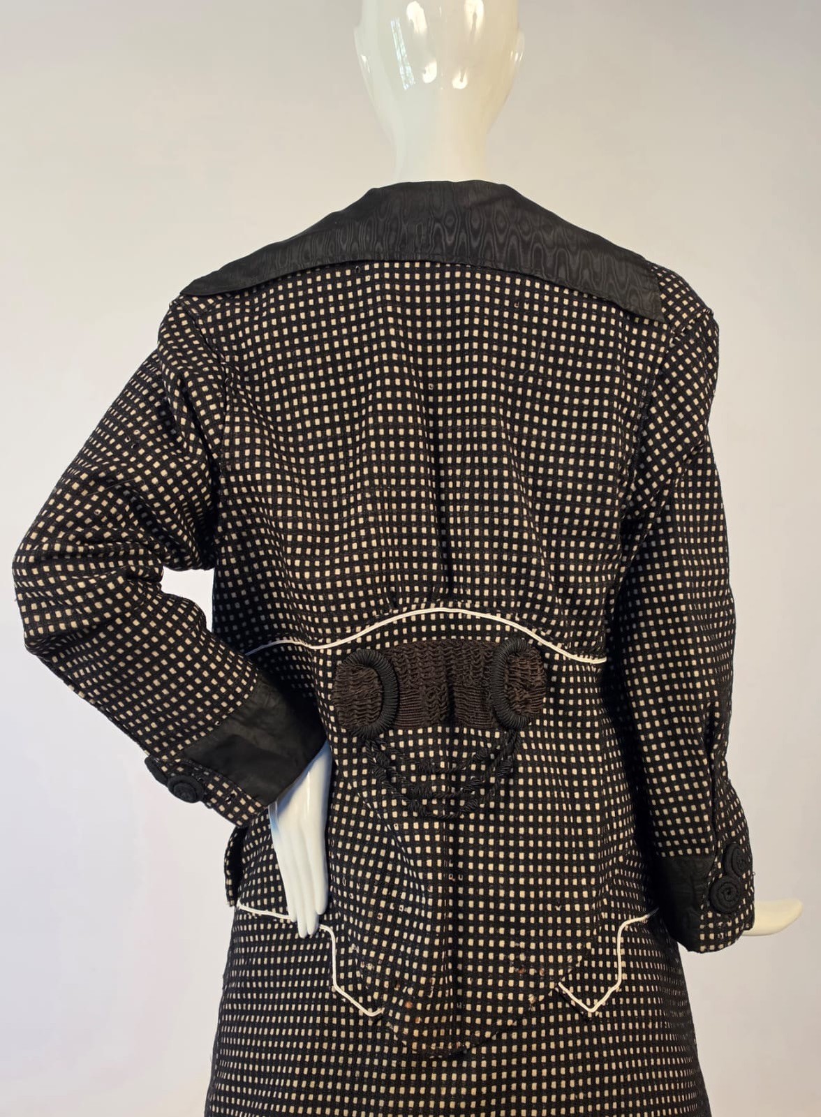 EDWARDIAN BLACK + WHITE CHECK WALKING SUIT W CORD DETAIL + SOUTACHE BELT BACK