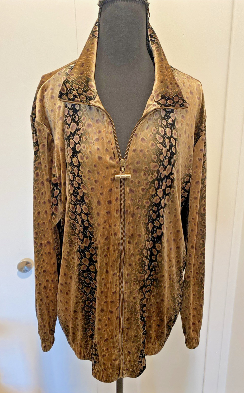 Silver Threads Vintage 80s Metallic Velvet Animal Print Jacket Gold SZ L Made US