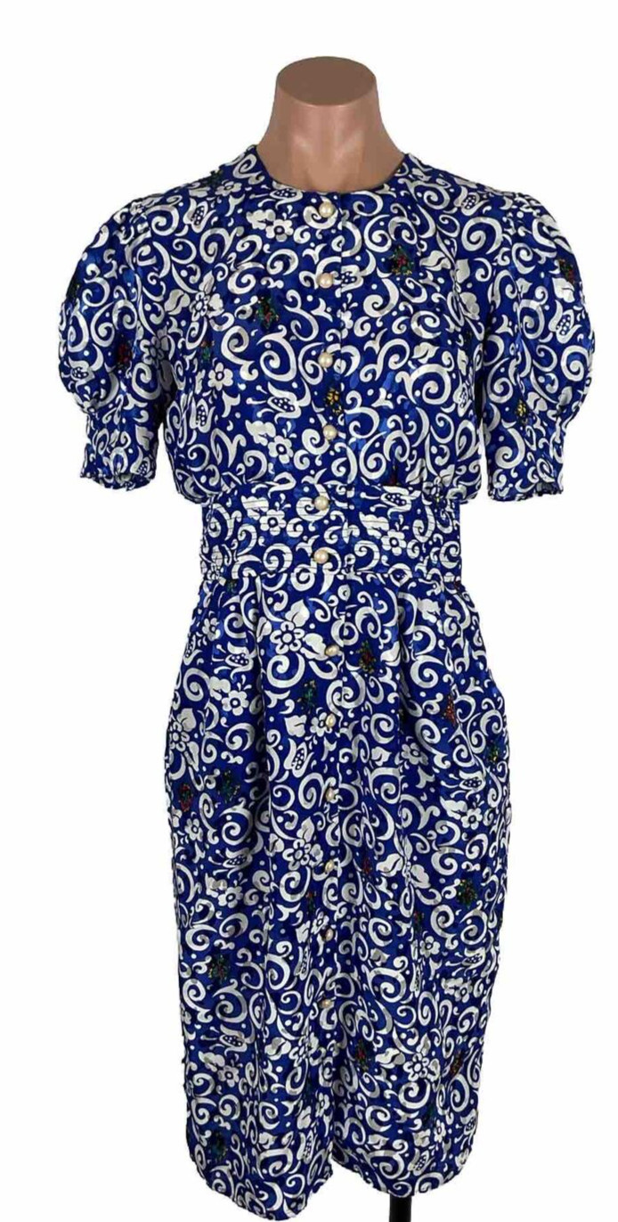 Petites for Maggie Damask Paisley Dress Floral Blue Pearl Buttons 4 Women&rsquo;s VTG