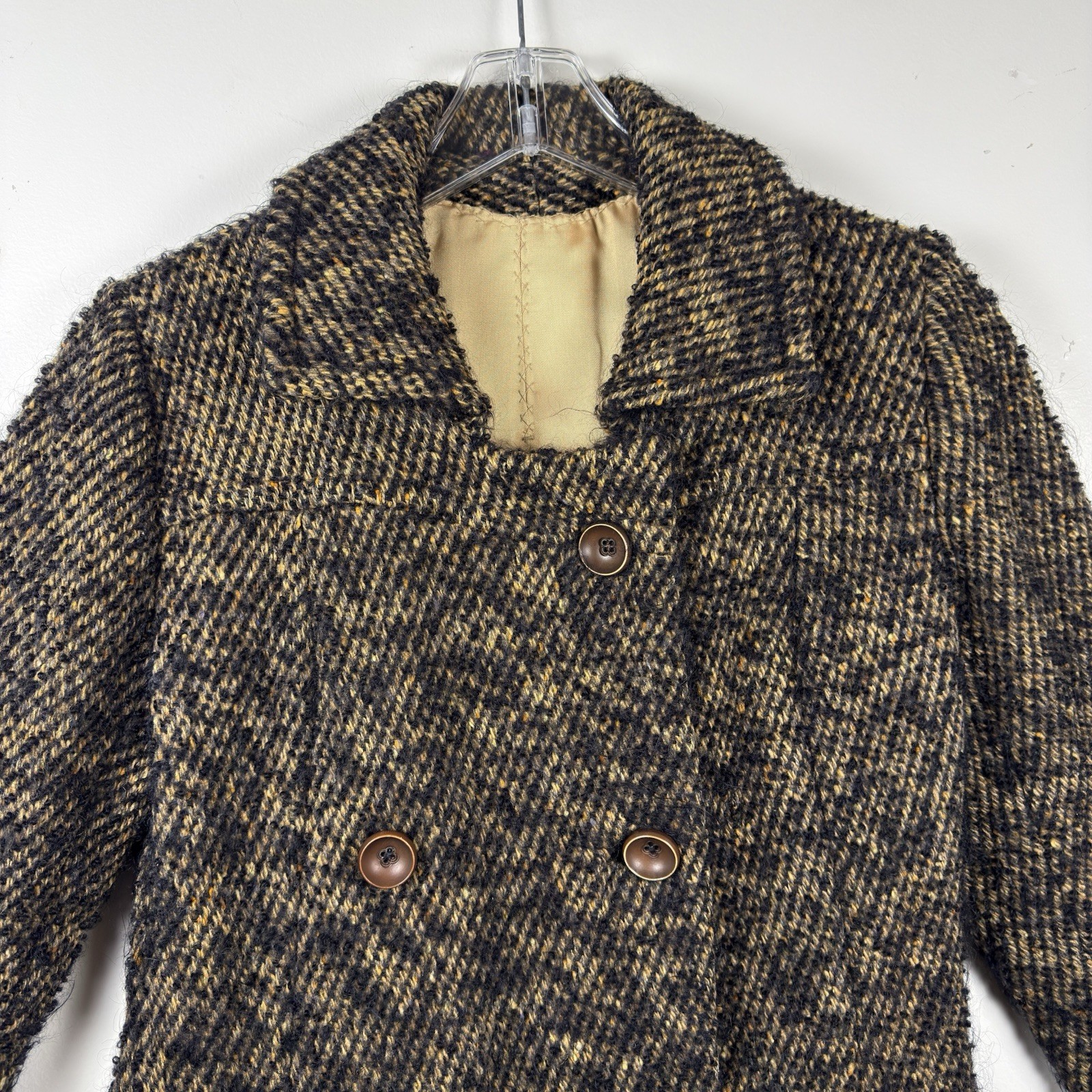 VTG 1960s Custom Made Wool Tweed Double Breasted Coat Womens Small Black Tan NYC