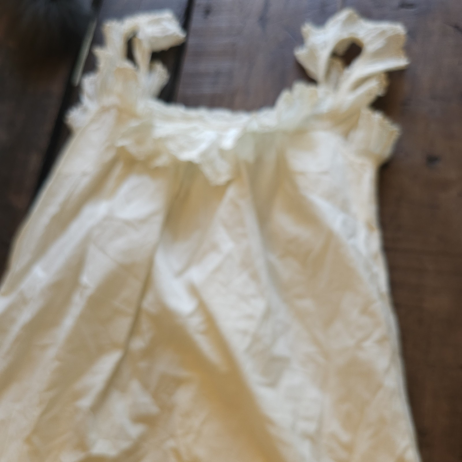 Antique Chemise Cream Lace Trim Slip Midi Dress w/ Ruffled Sleeves Edwardian