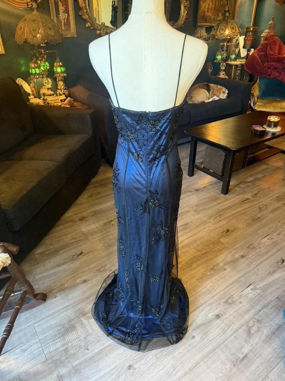 Vintage Black Beaded Mesh Overlay Evening Gown | Metallic Blue | Y2K Formal