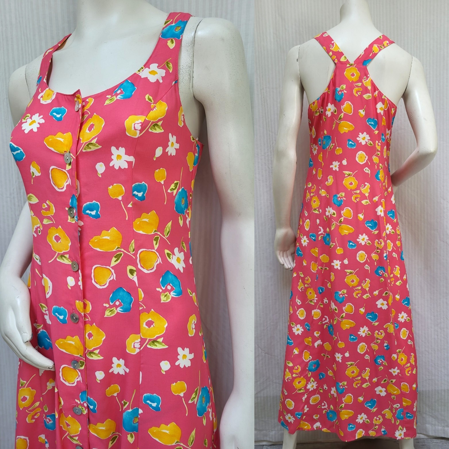 Vintage 80/90&rsquo;s Carol Anderson Pink Floral Rayon Button Front DRESS – Size S/M