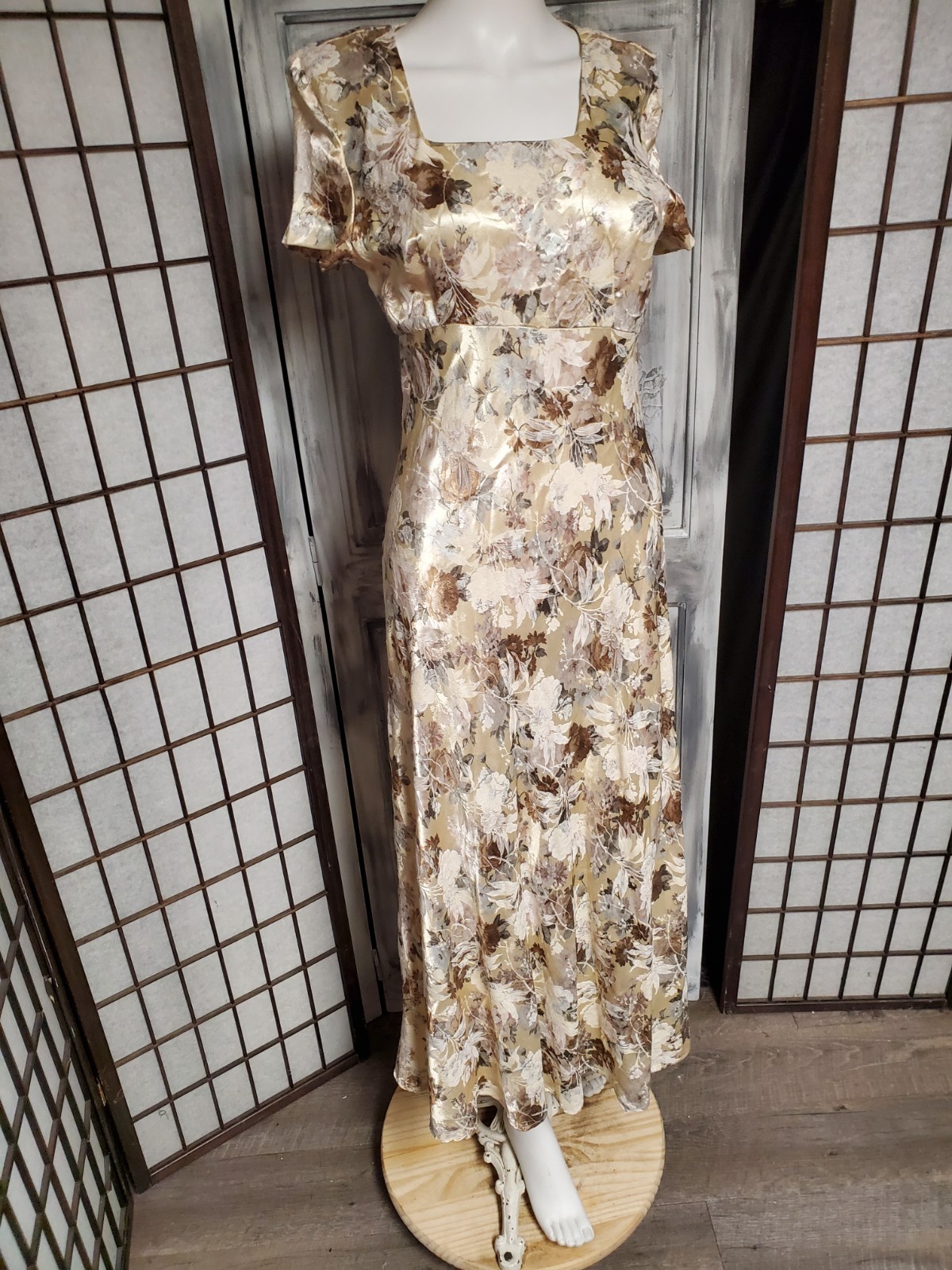 Vtg Benson & Smith Floral Roses XS-S 90s Ss Cottagecore Ss Gold Damask Midi