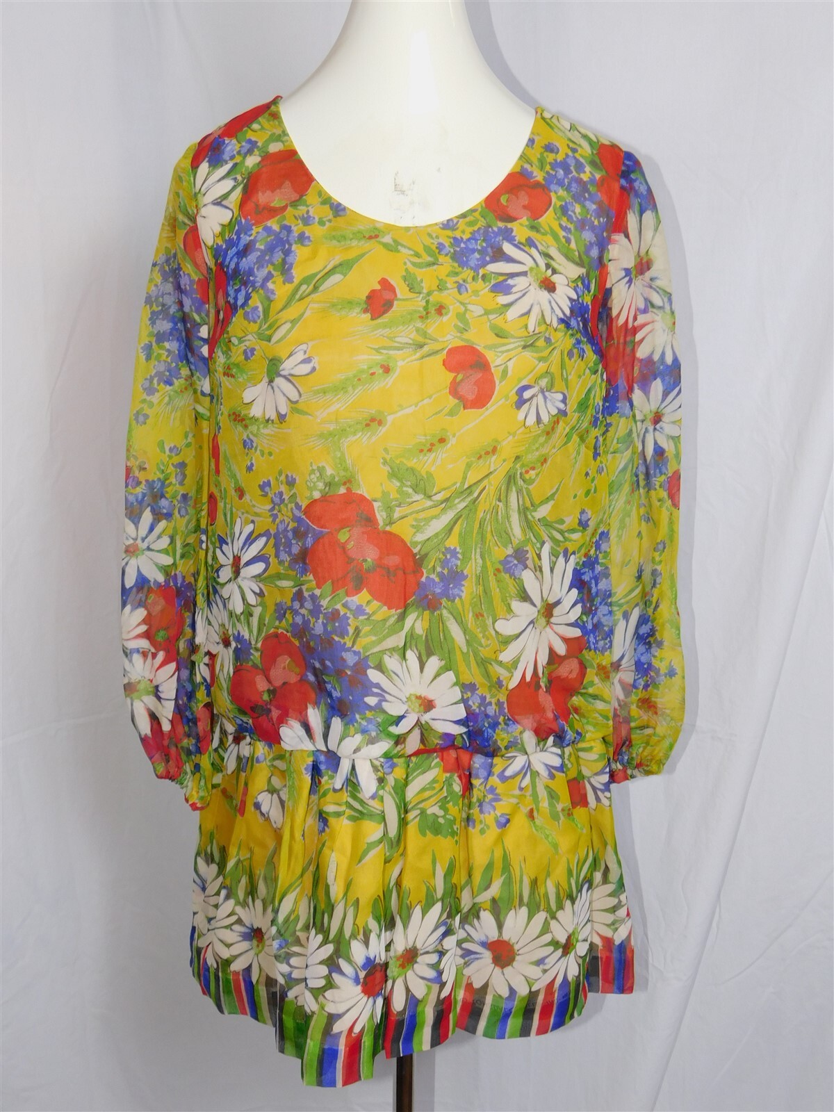 Vtg 1970s MAGGI Floral Yellow Tunic Blouse Long Sleeves Poppy Daisy MOD GOGO 7