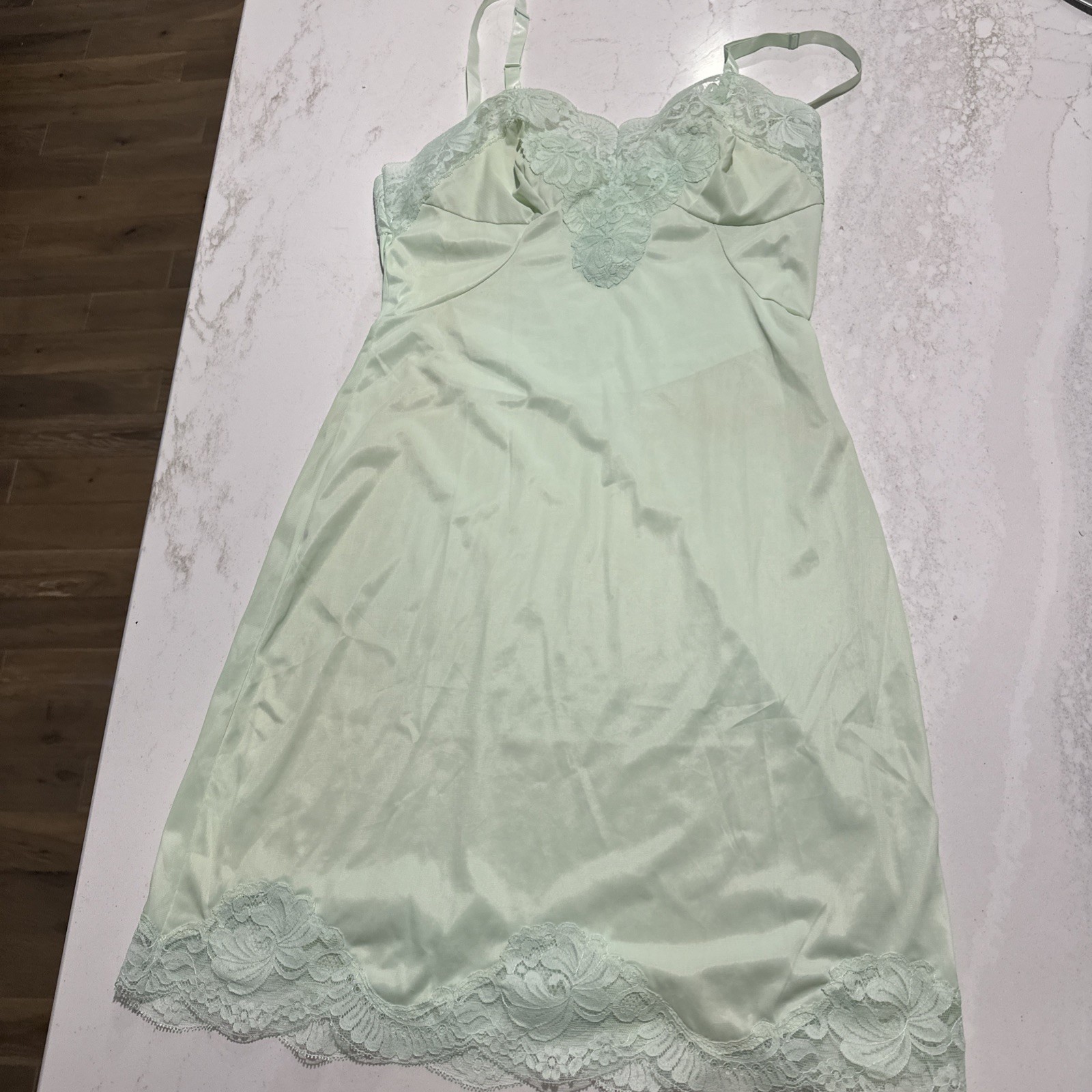 Vintage 70s Sears slip polyester negligee SZ 32 S Lt green Lace Adj Straps