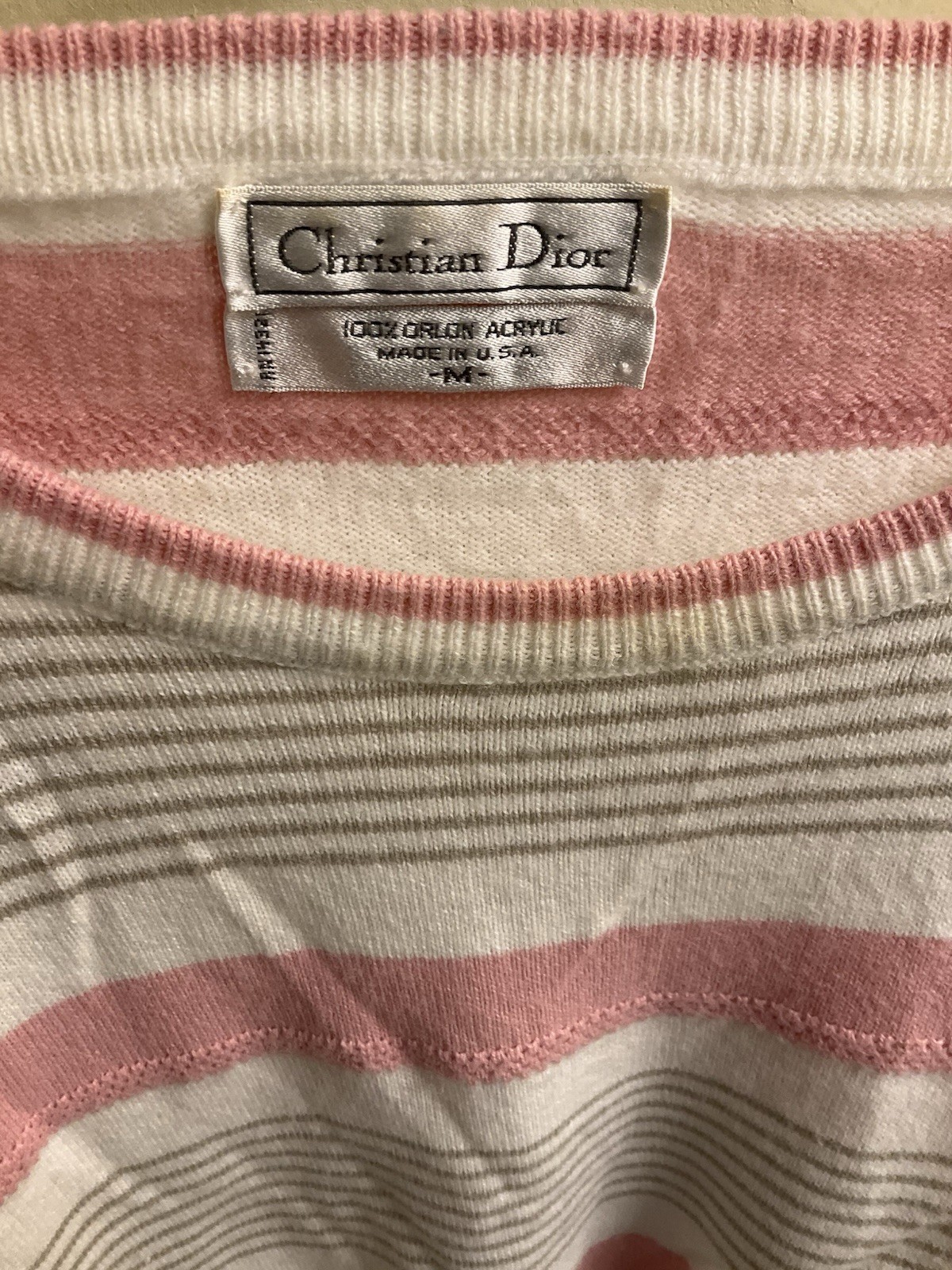 Vintage Christian Dior Women Orlon Crew neck sweater pink stripe Medium 80s USA