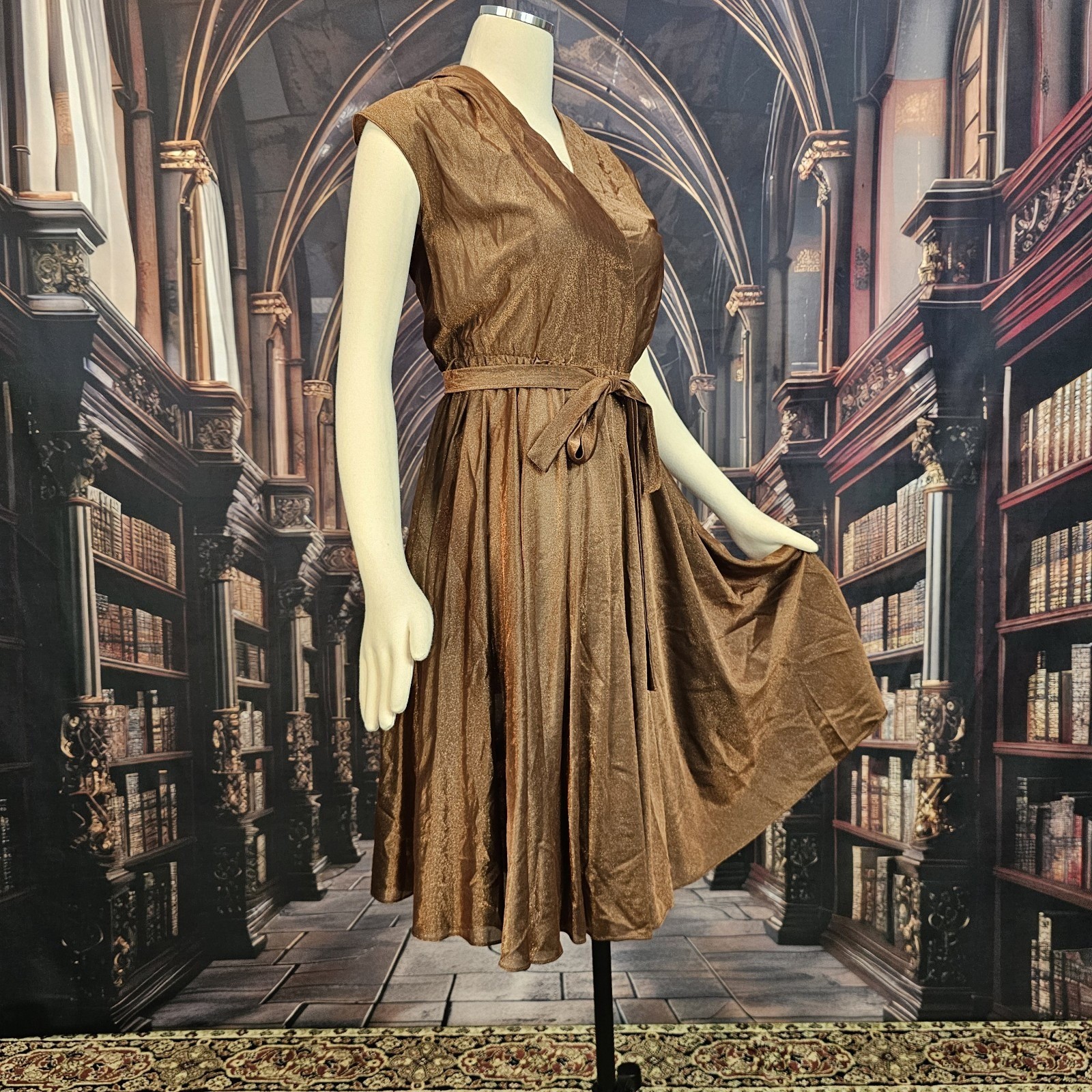 Vintage 1970s Dress Copper Brown V-neckline Cap Sleeve Tie Waist Circle Skirt