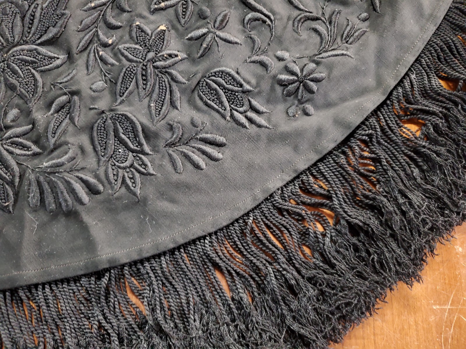 Antique Victorian Mourning Shawl Cape, Embroidered Black with Fringe, Lined