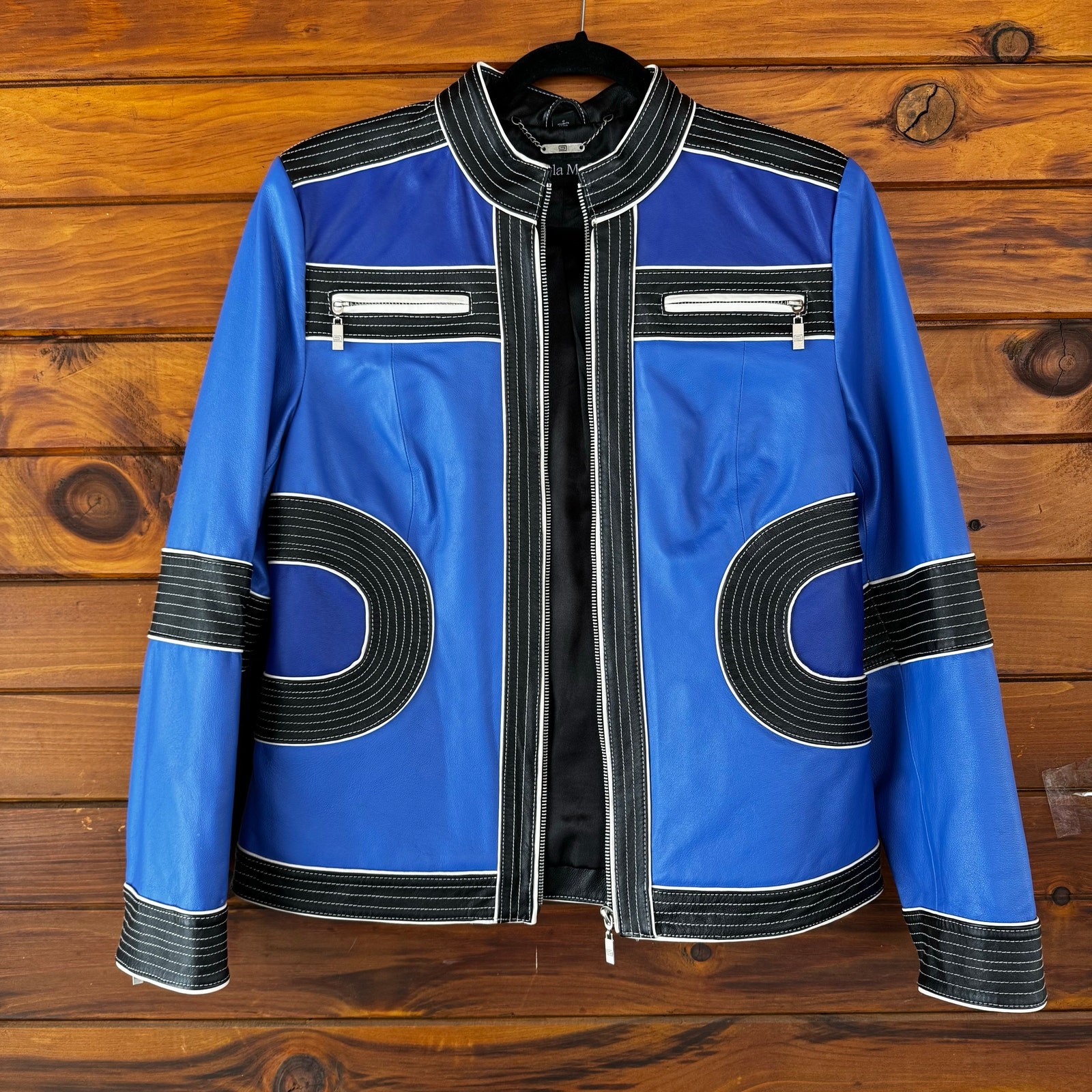VTG Y2K Pamela McCoy Moto Biker Racer Blue Leather Jacket Size Small