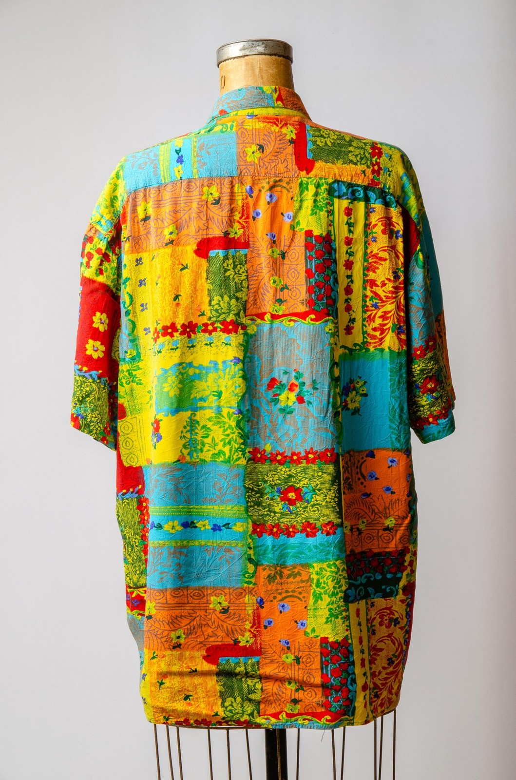 1980s Jams World Paint Brush Flowers Patchwork Rayon Button Down Shirt