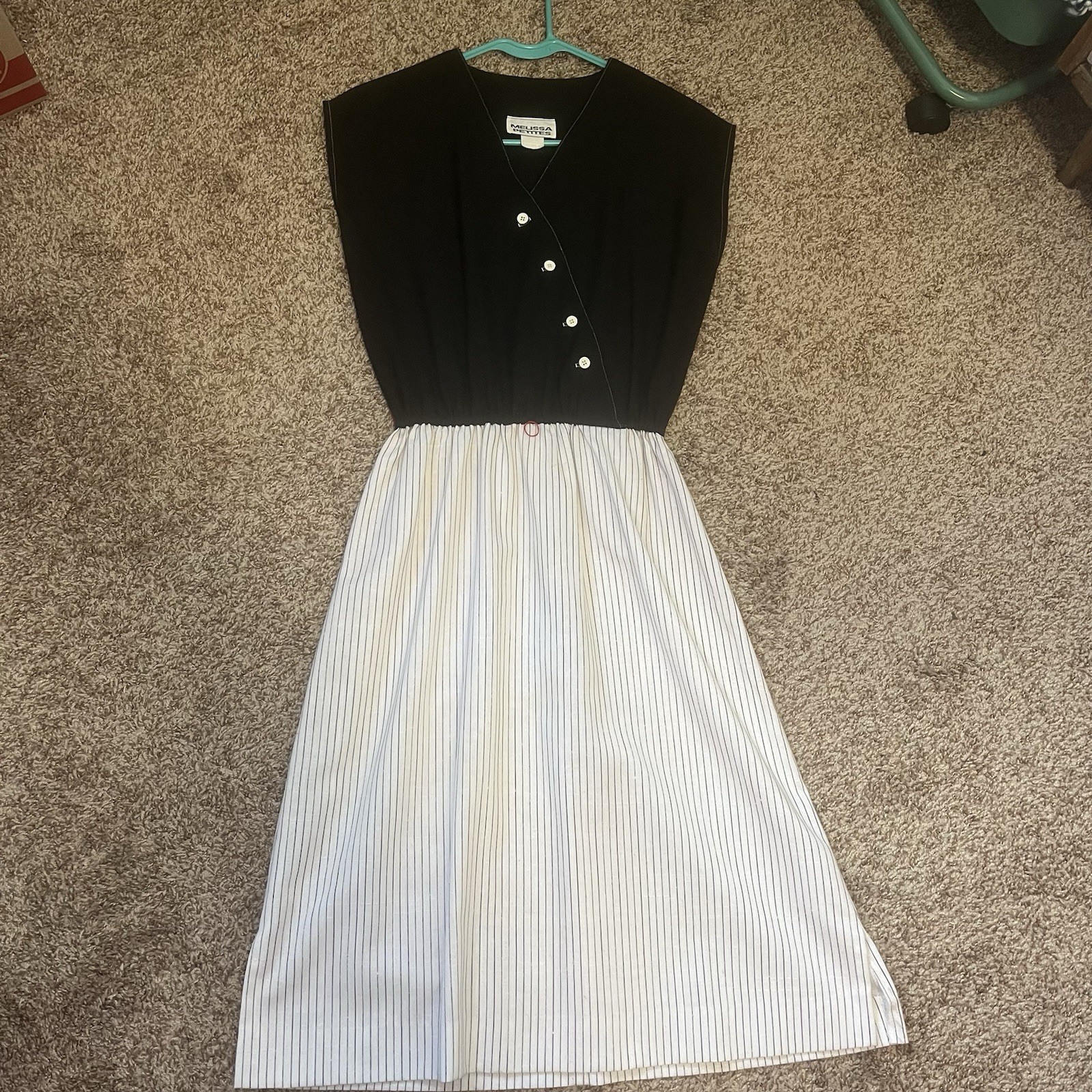 Vintage Melissa Petites Dress Size 10/12 Black Linen White Pin Stripe Midi