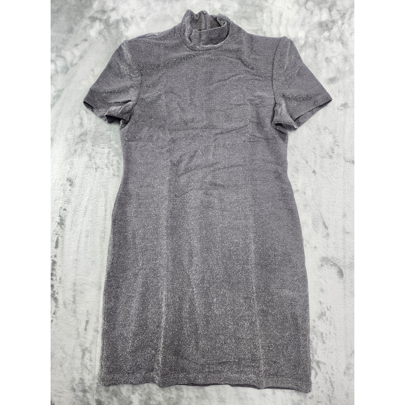 Vintage K.C. Spencer Dress Womens M Silver Metallic Mock Neck Short Sleeve Zip