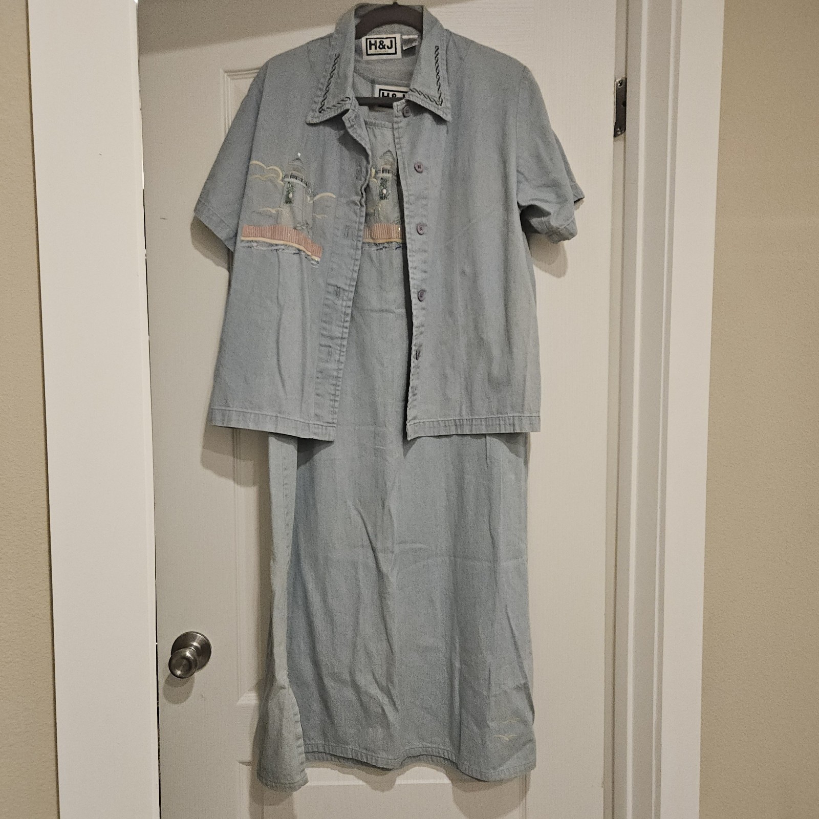 Art To Wear 2 Piece Lighthouse Dress Set Medium Chambray Embroidered Coastal
