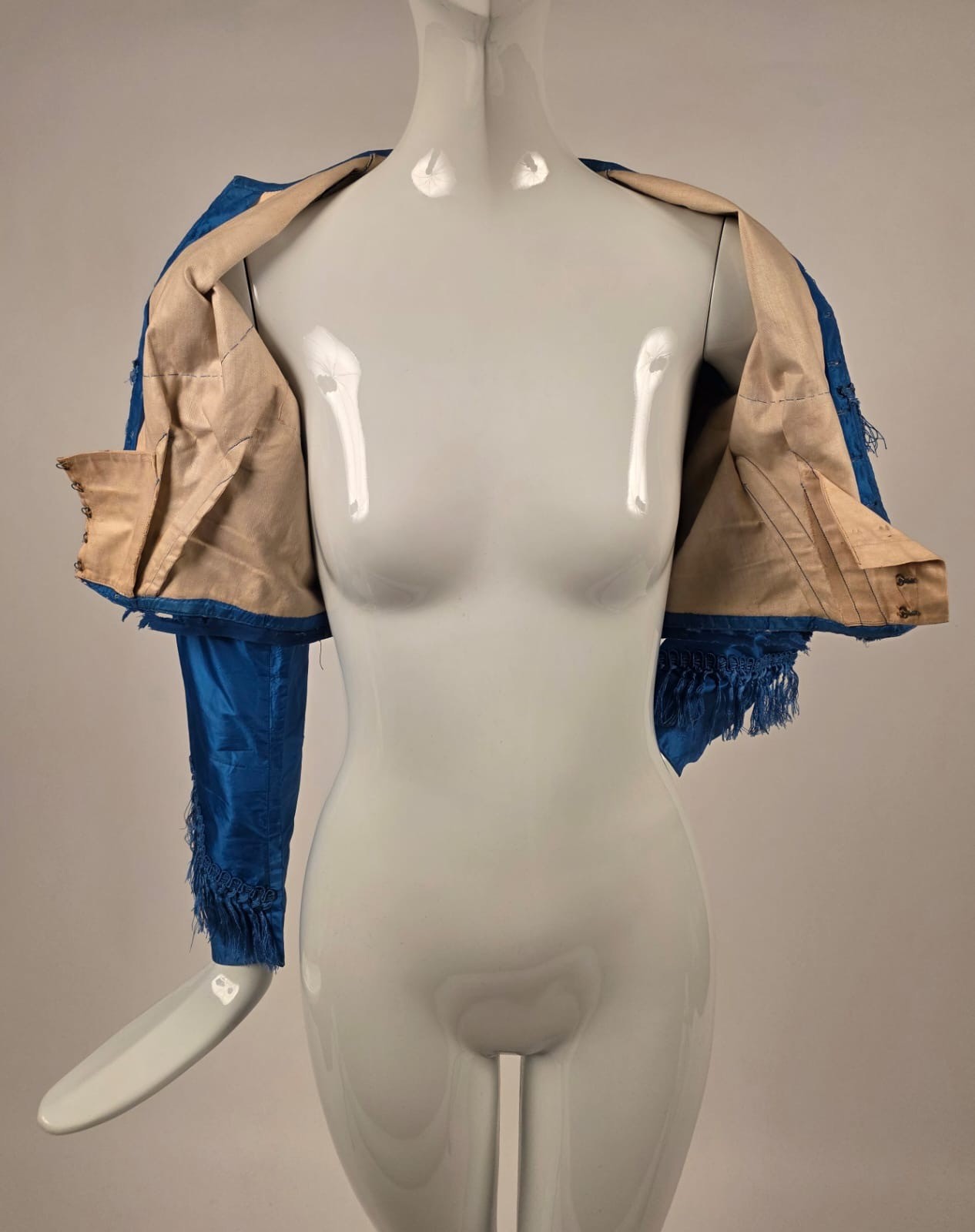 CIVIL WAR 1860’S BRIGHT BLUE SILK BODICE W SILK FRINGE TRIM