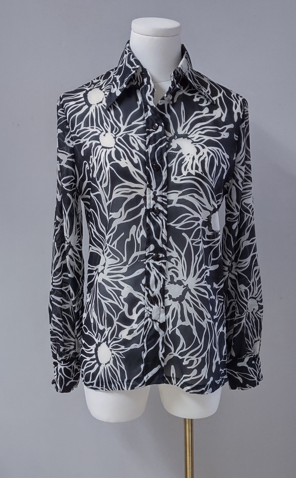 Jo Hardin Originals Vintage 70&rsquo;s MOD B&W Big Flower Silk Sheer Blouse Dallas S