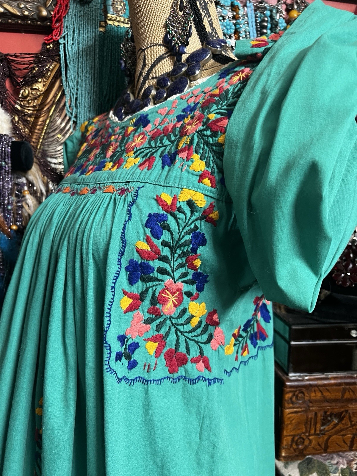 Beautiful Green Mexican Oaxaca Dress In Long Sleeve Multi Color Embroidery M/L