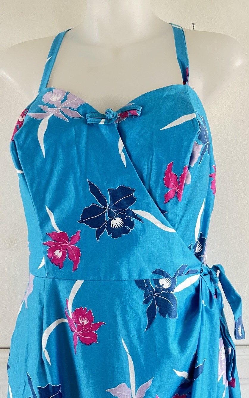 VTG 60&rsquo;s Kimo&rsquo;s Polynesian Shop Hawaiian 🌺 Turquoise Maxi Wrap Sarong Dress-14