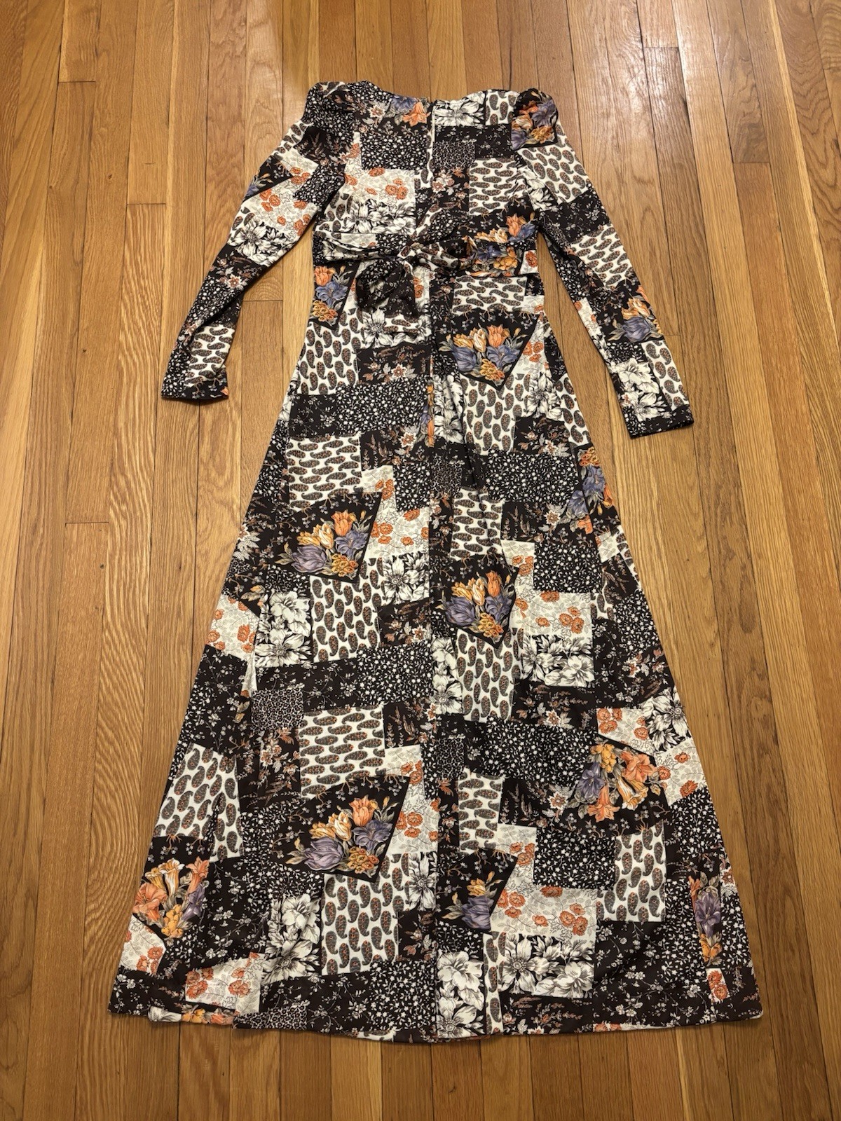 Vintage 70s Patchwork Boho Floral Empire Waist Maxi Dress Brown Long Sleeve S