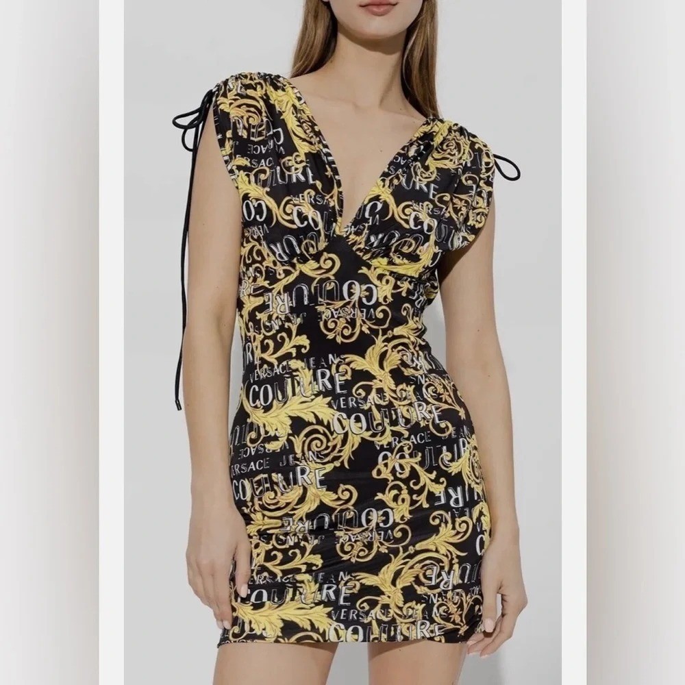 Versace Jeans Couture Logo Print Black and Gold Mini Dress Size 8
