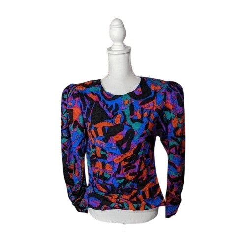 Flora Kung Vintage 80s Silk Wrap Blouse Psychedelic Abstract Puff Shoulder Sz 6