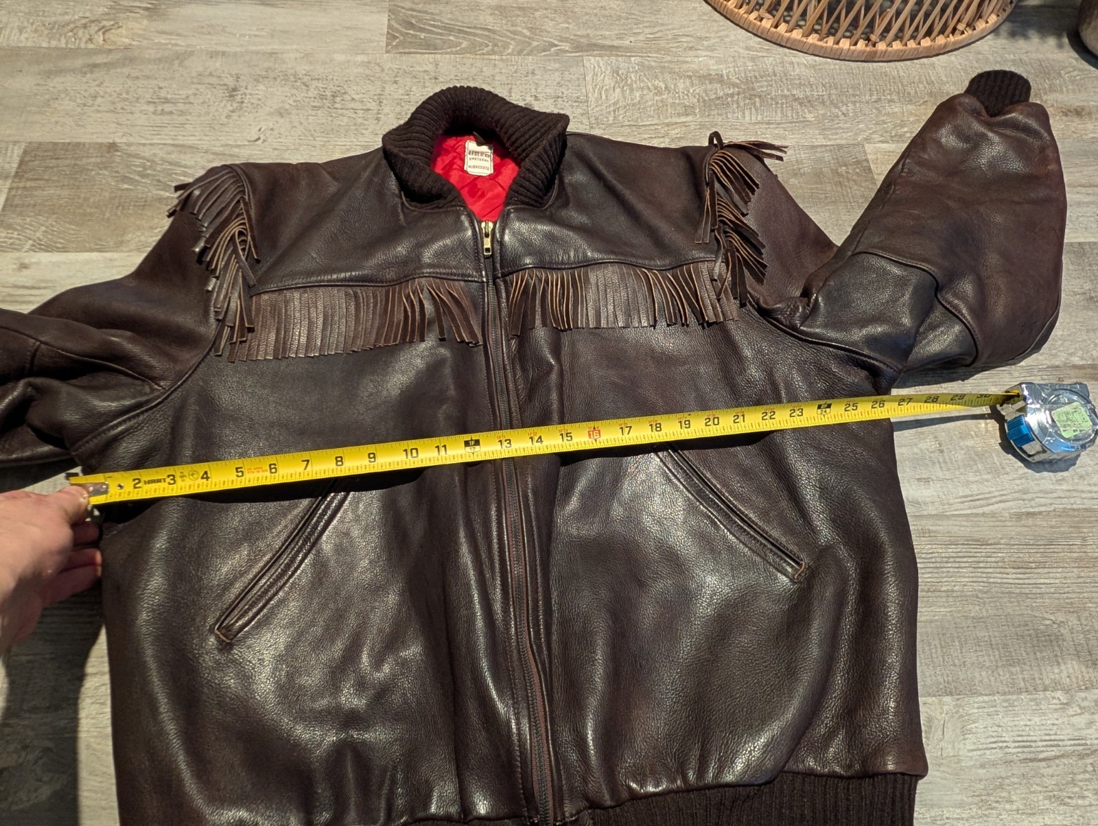Vtg UBER Fringed Genuine Leather Bomber Jacket Minnesota USA XL 2XL Quilt Lined