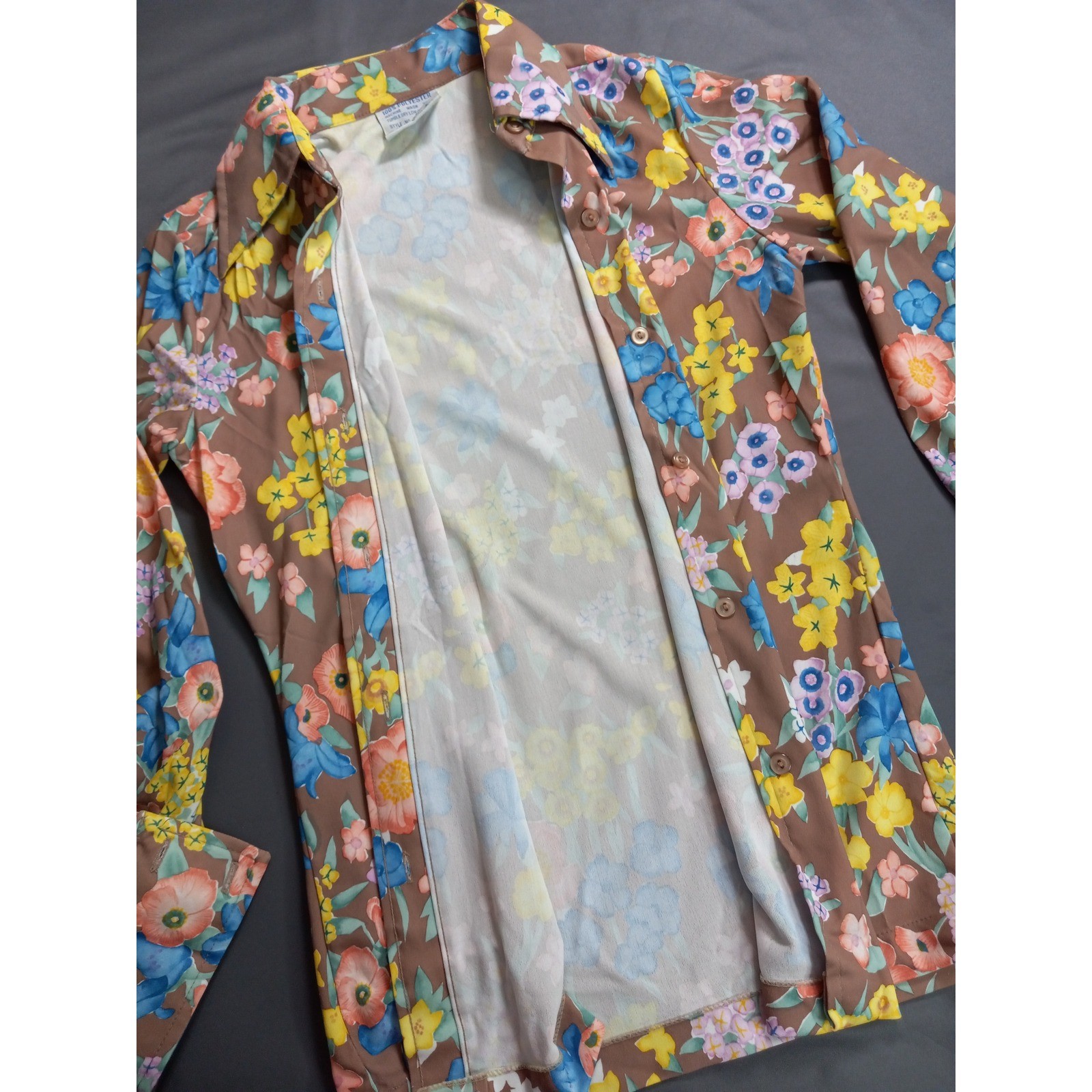 Vintage Sears Perma-Prest Floral Button Down Shirt Brown Blue Yellow 70s Size 12