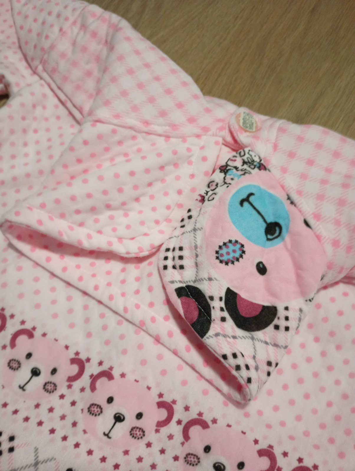 Vtg Quilted Teddy Bear Multi Print Peter Pan Collar Nursery Warm Jacket pink M L